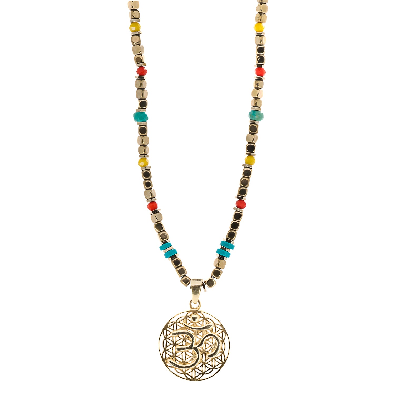 Breathe Om Gold Necklace featuring an 18K gold-plated Om pendant and turquoise stone beads, exuding a sense of tranquility and spiritual connection.