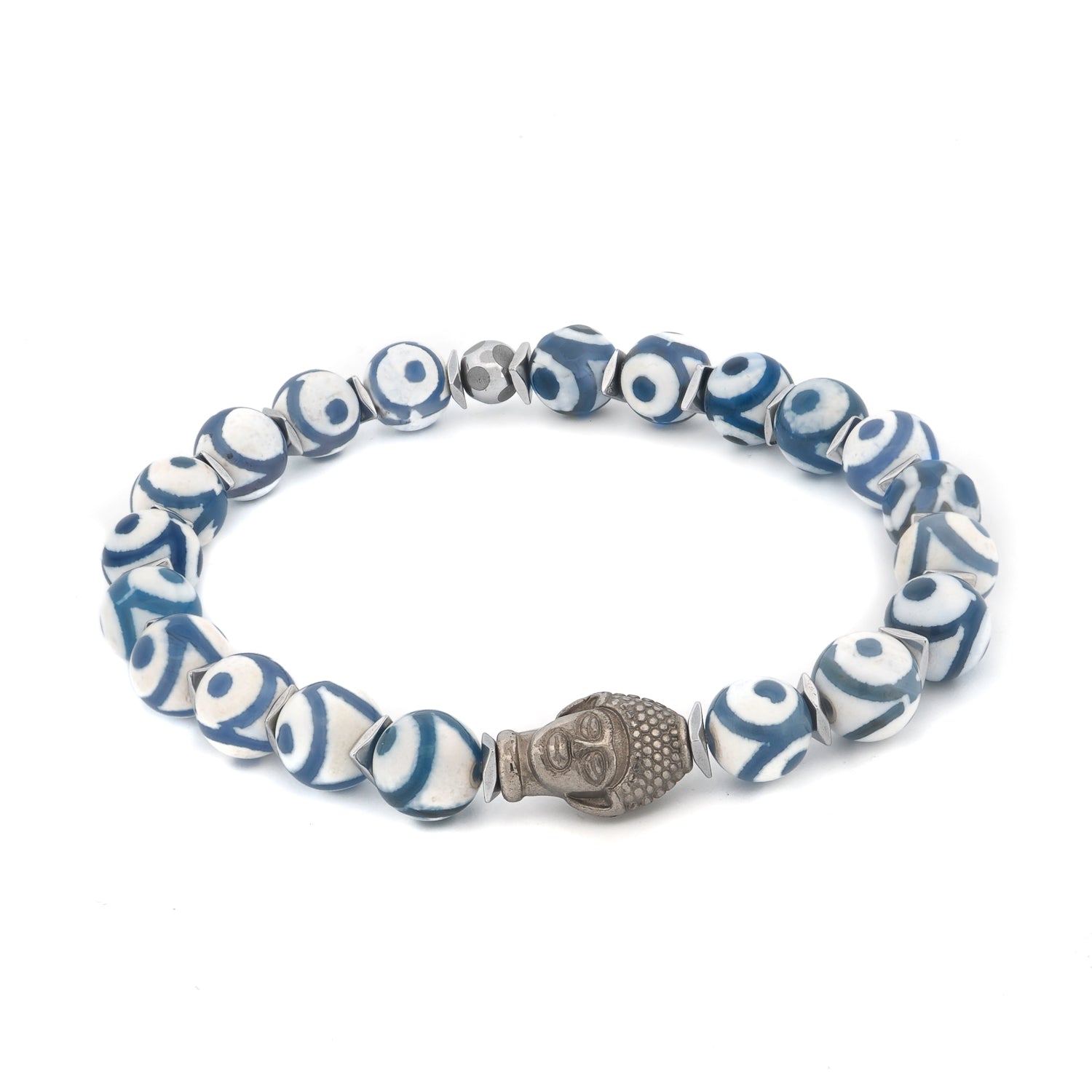Buddha Spirit Bracelet with hand-painted blue and white Nepal beads and silver Buddha charm.