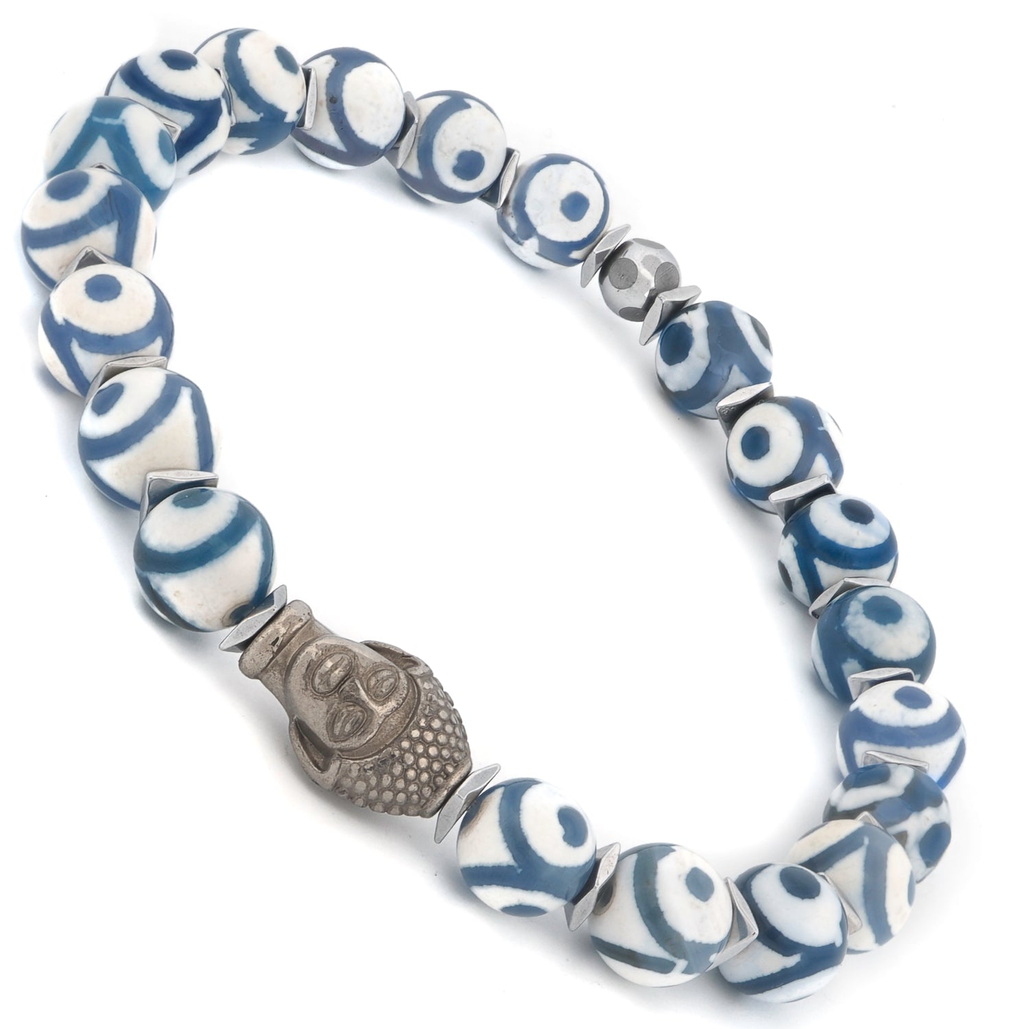 Artisan bracelet with hand-painted beads and symbolic silver Buddha centerpiece.