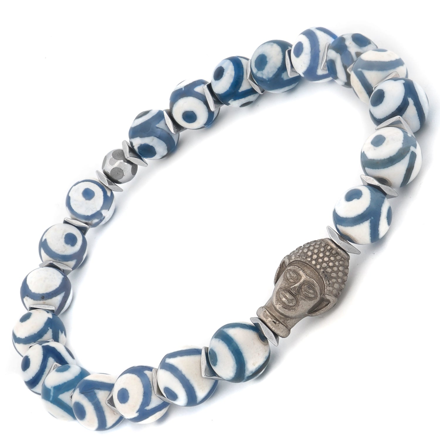 Nepal bead bracelet with silver hematite spacers and mindfulness-inspired Buddha charm.