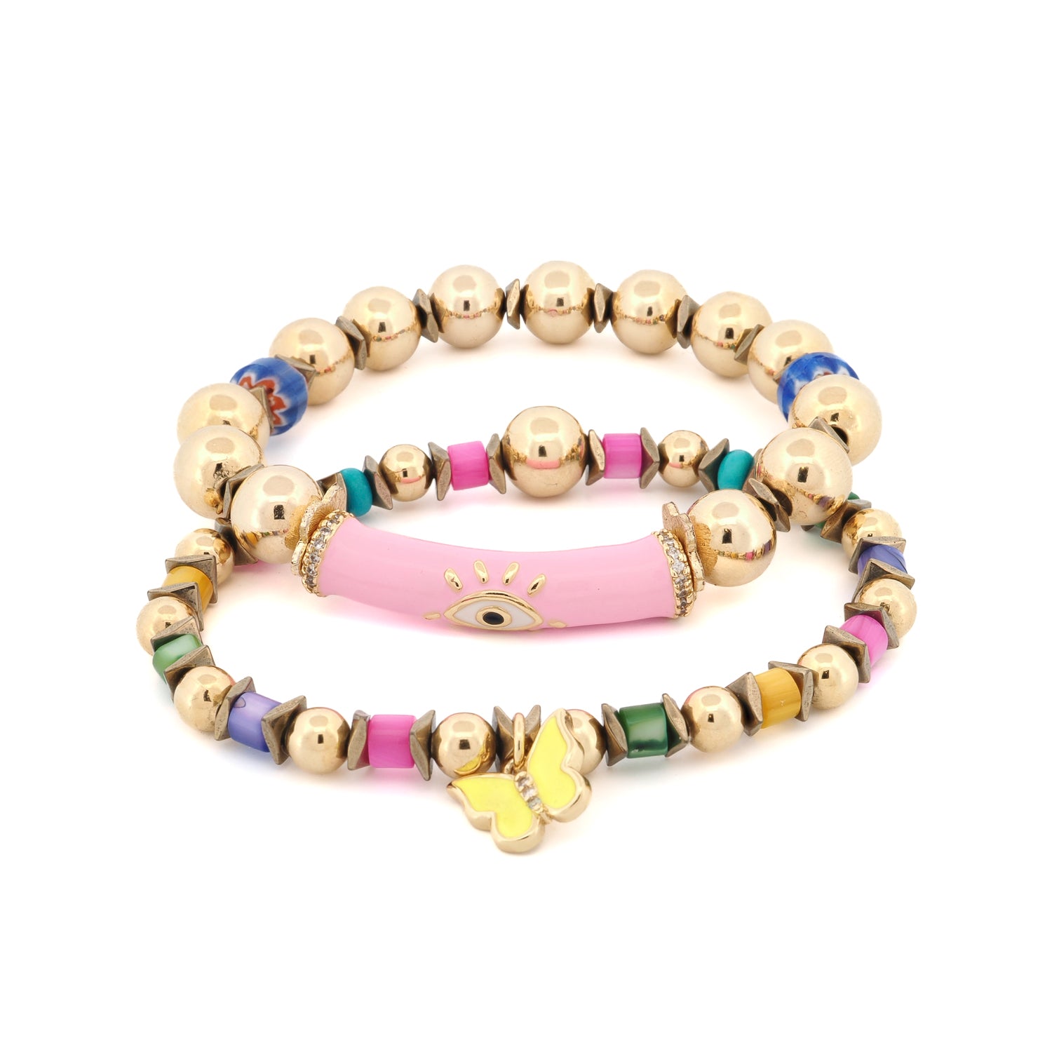 Butterfly Pink Evil Eye beaded bracelet set with gold, pearl, and African beads on white background