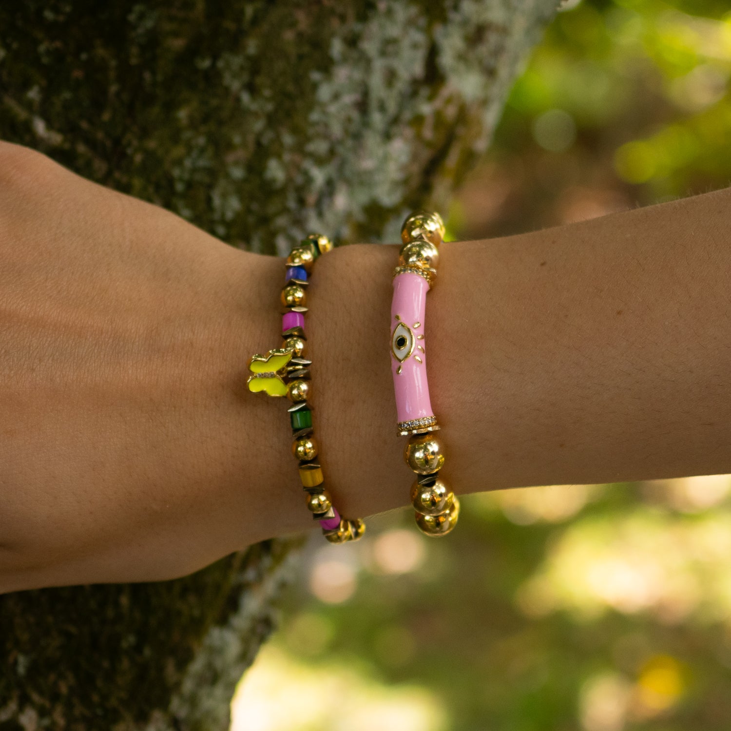 Colorful and spiritual bracelet set with 18K gold plated accents and playful bead mix