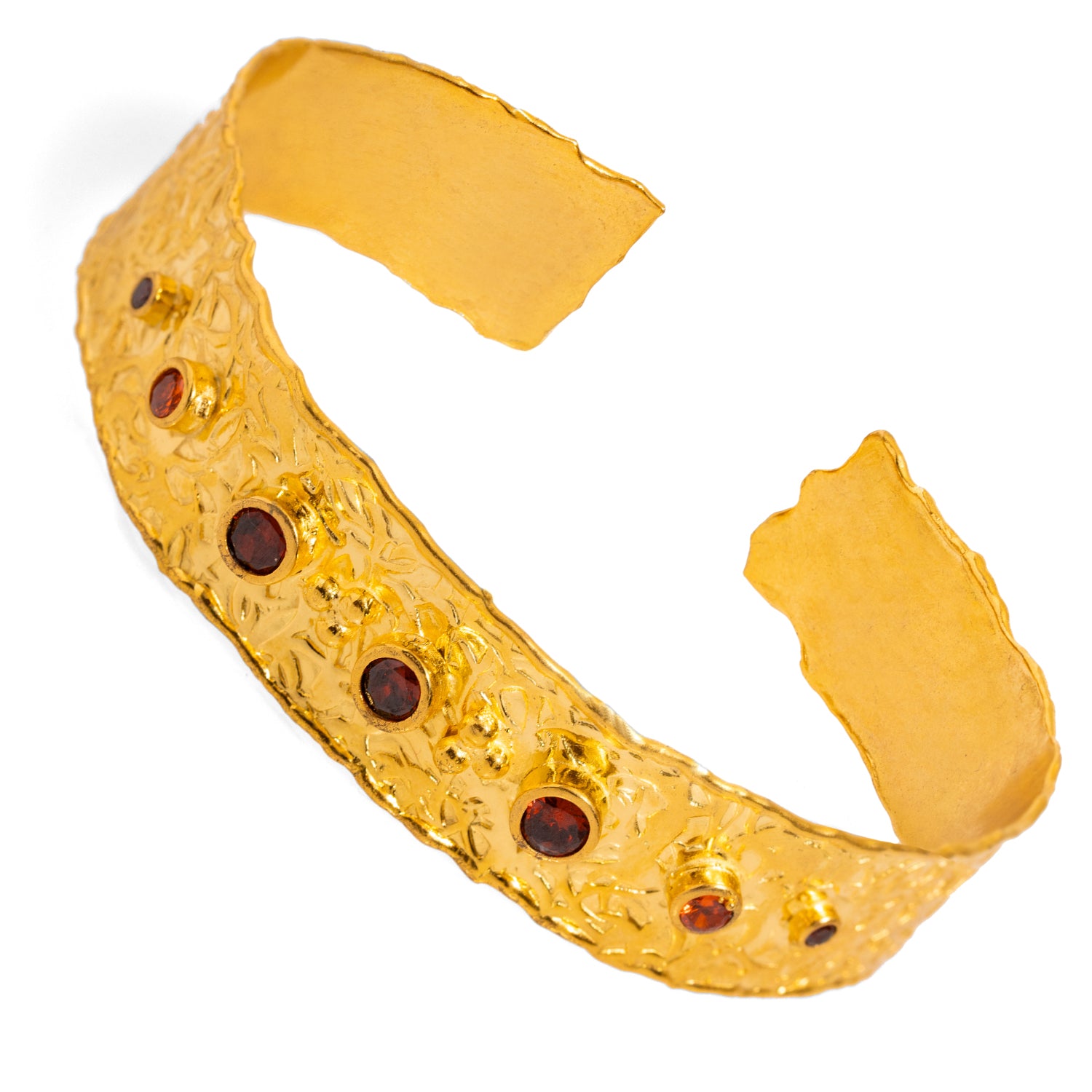 Handcrafted 24K Gold Cuff Bracelet with Carnelian Dots for a Luxurious, Colorful Statement