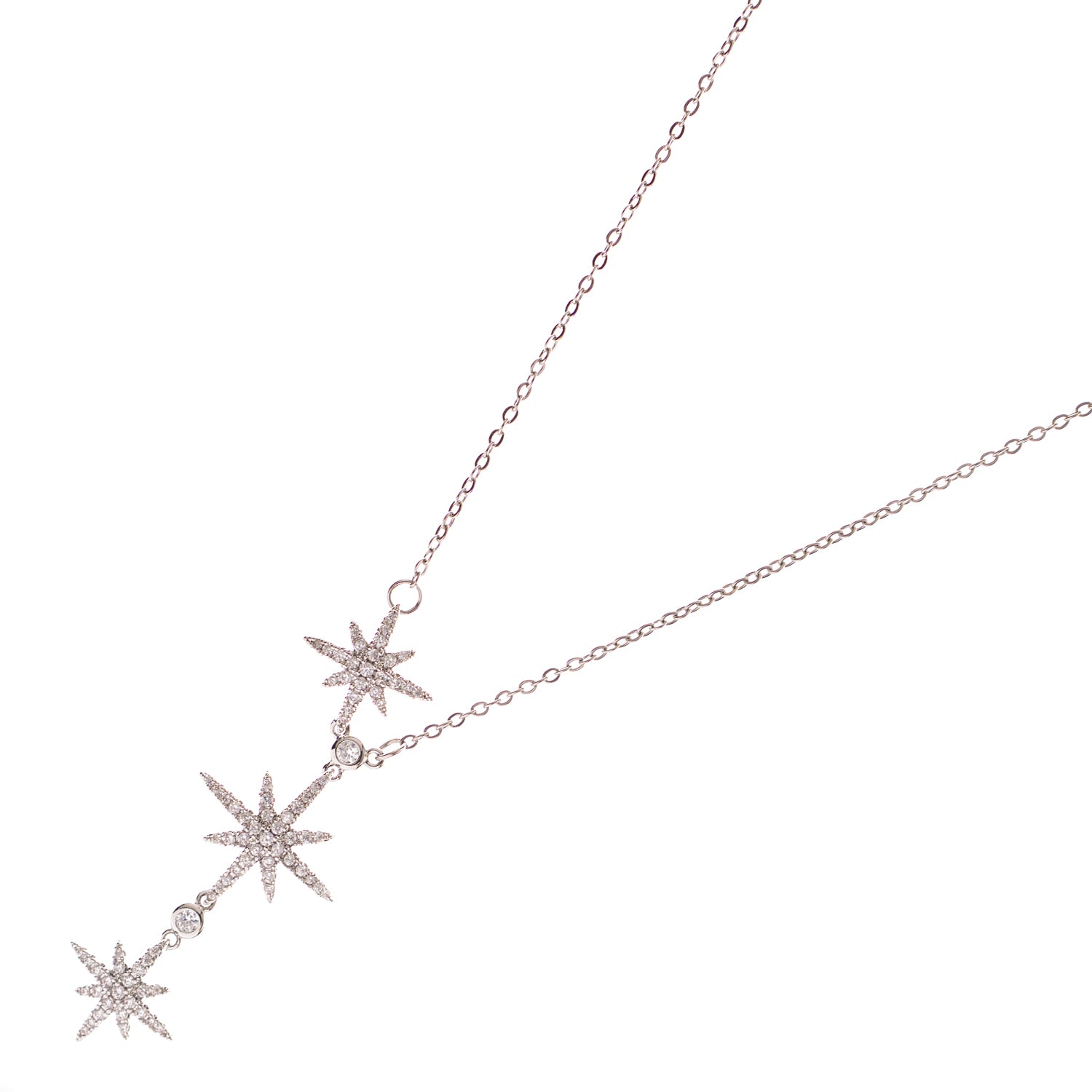 Lightweight silver necklace with CZ-studded star drops