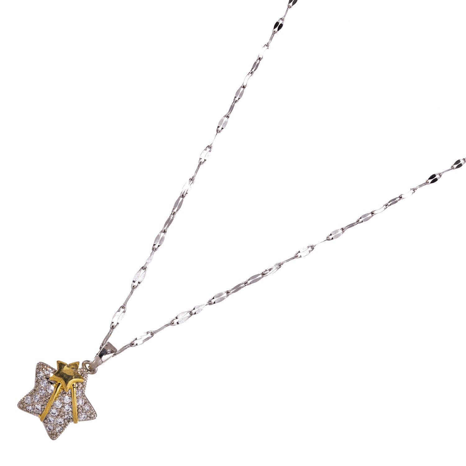 CZ Diamond Star Necklace with Gold Comet on Silver Chain for a Bold and Inspirational Look