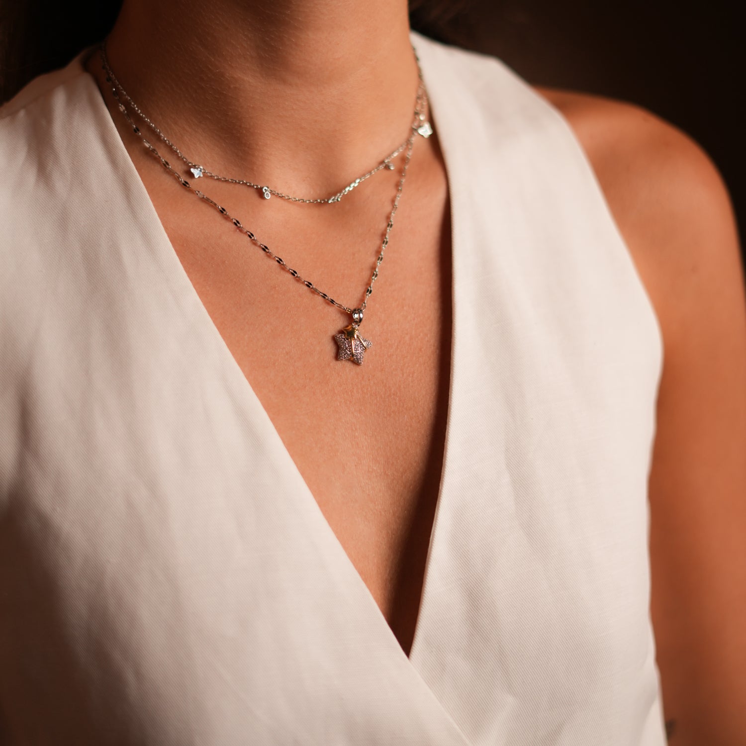Silver Necklace with Shimmering Star Pendant and Gold Comet for Dreams, Goals, and Luxury