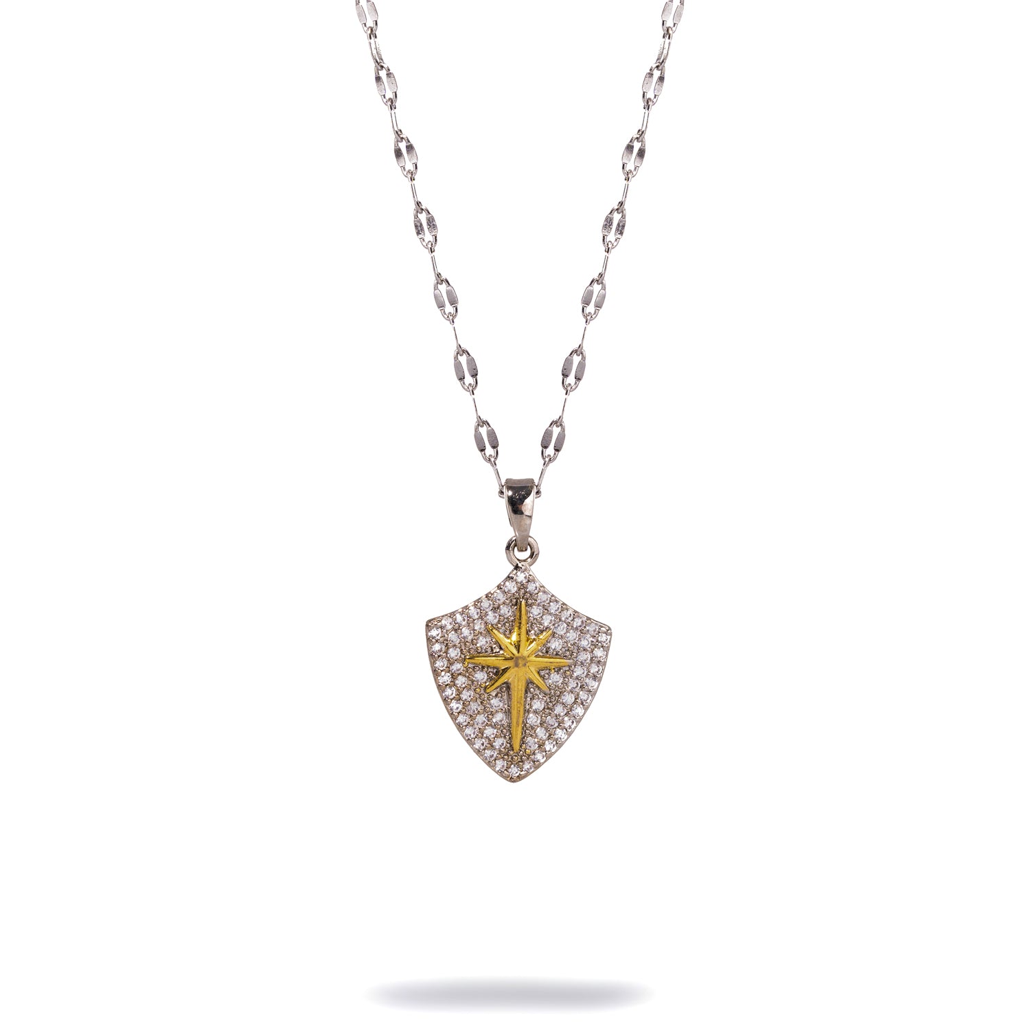 Handmade Silver Necklace with CZ Diamond Pendant and Gold North Star for Spiritual Guidance and Light