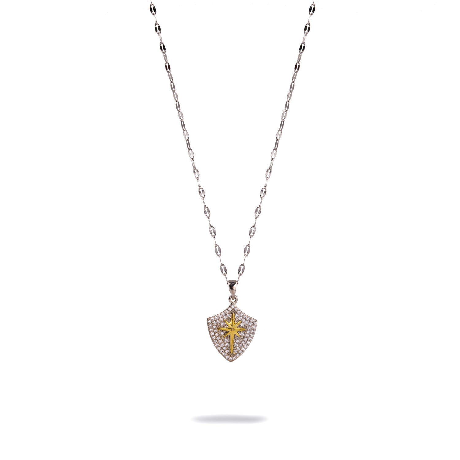 Silver Compass Necklace with CZ Diamonds and Gold North Star for a Sparkling, Spiritual Accessory