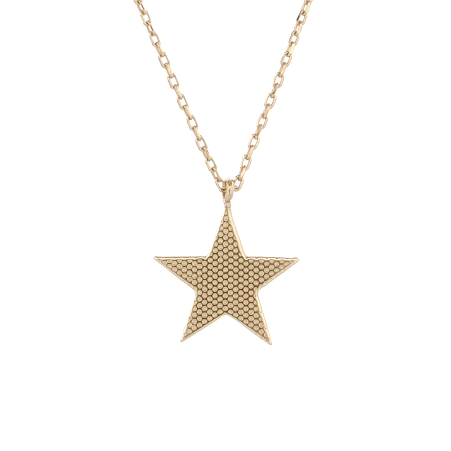 A gold-colored star-shaped pendant necklace with a matching gold chain.