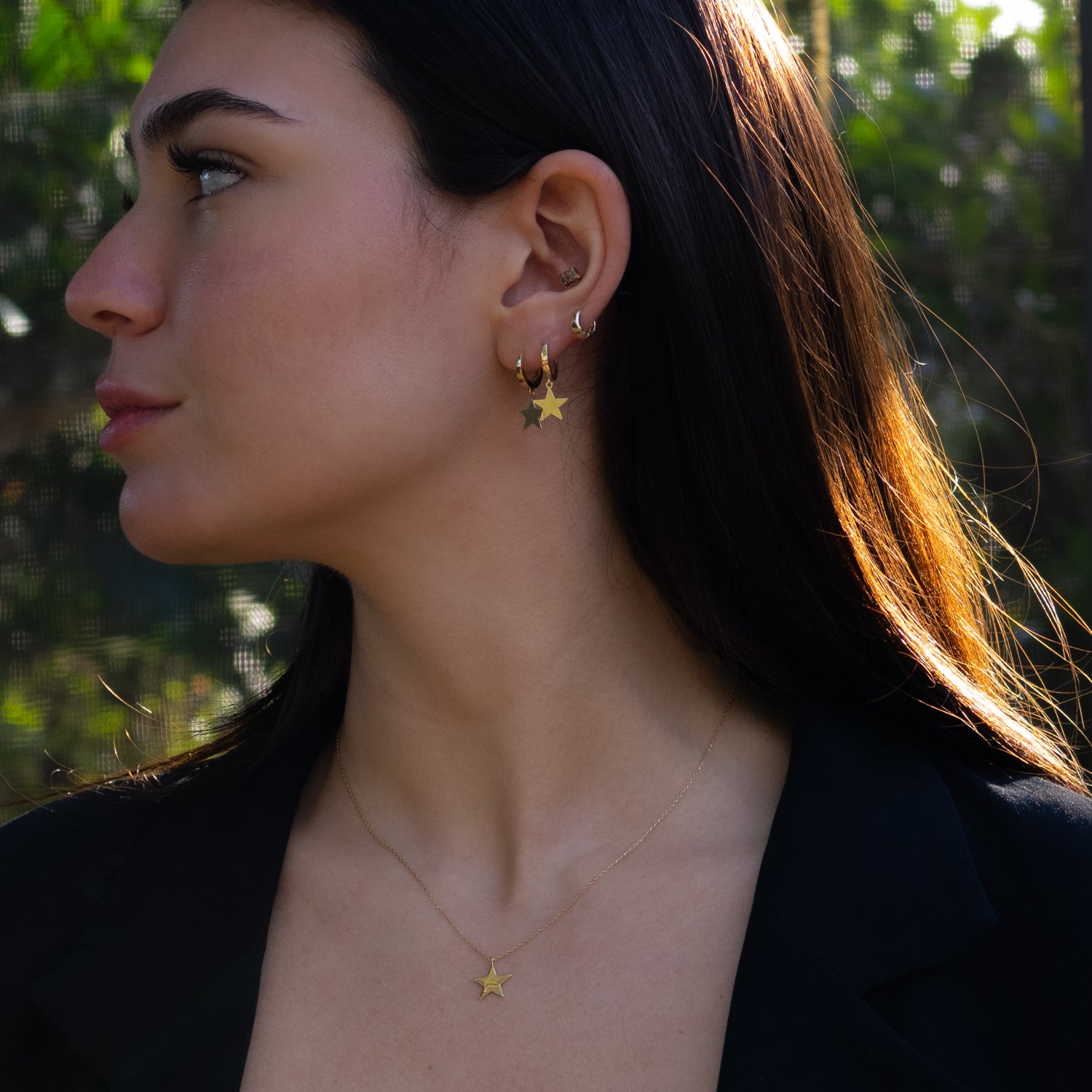 14K solid gold hoop earrings with delicate dangling star charms