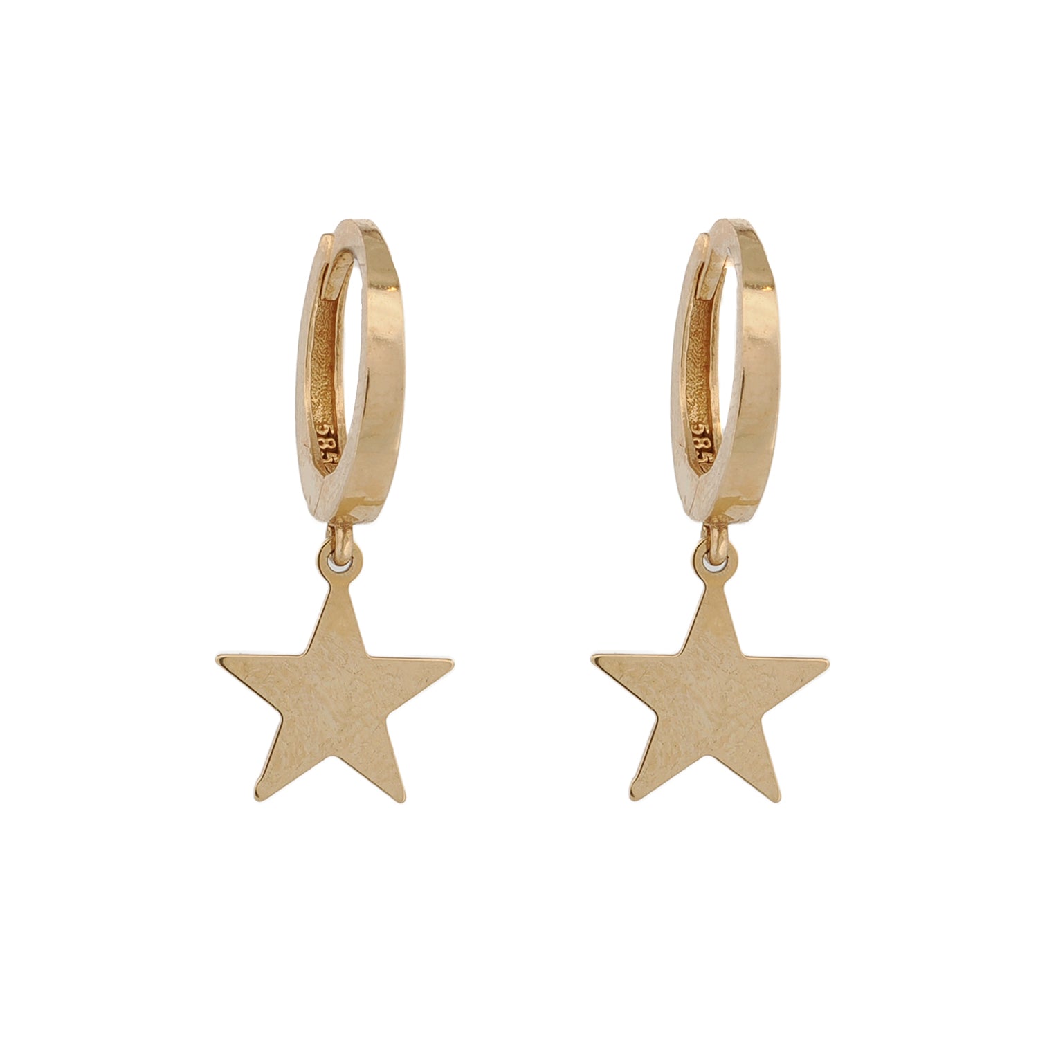 A pair of gold hoop earrings with star charms, designed for pierced ears.