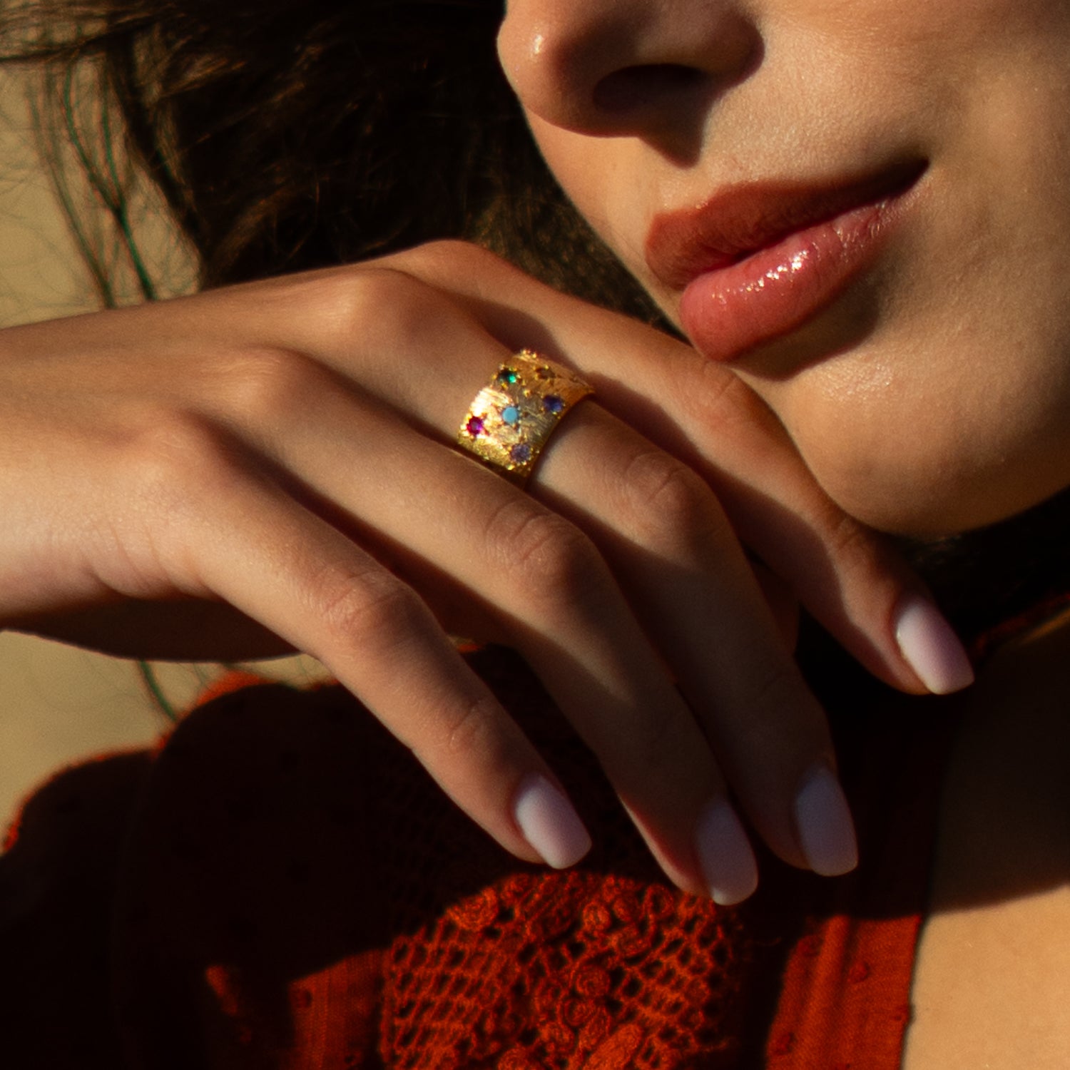 Celestial Harmony Multi Gemstone Gold Cuff Ring
