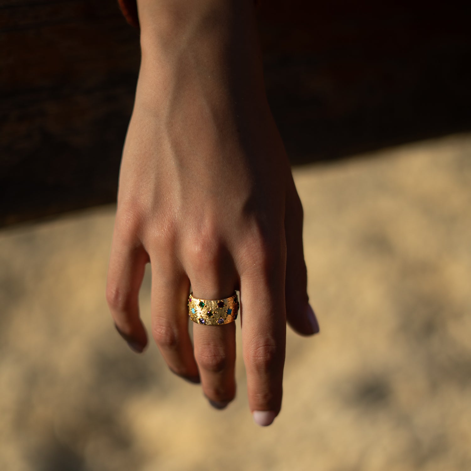 Celestial Harmony Multi Gemstone Gold Cuff Ring