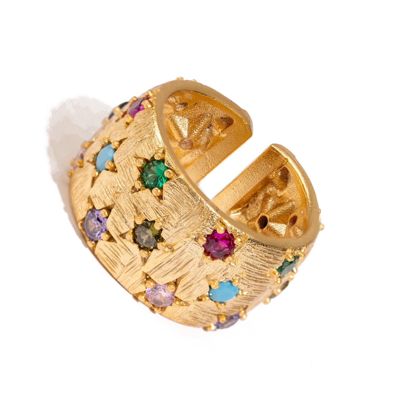 Celestial Harmony Multi Gemstone Gold Cuff Ring