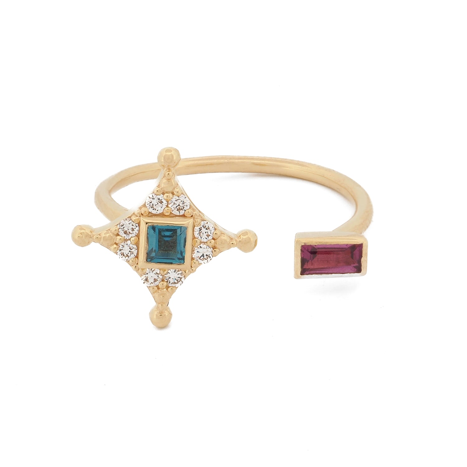 14K solid gold ring with pink sapphire and blue sapphire star motif