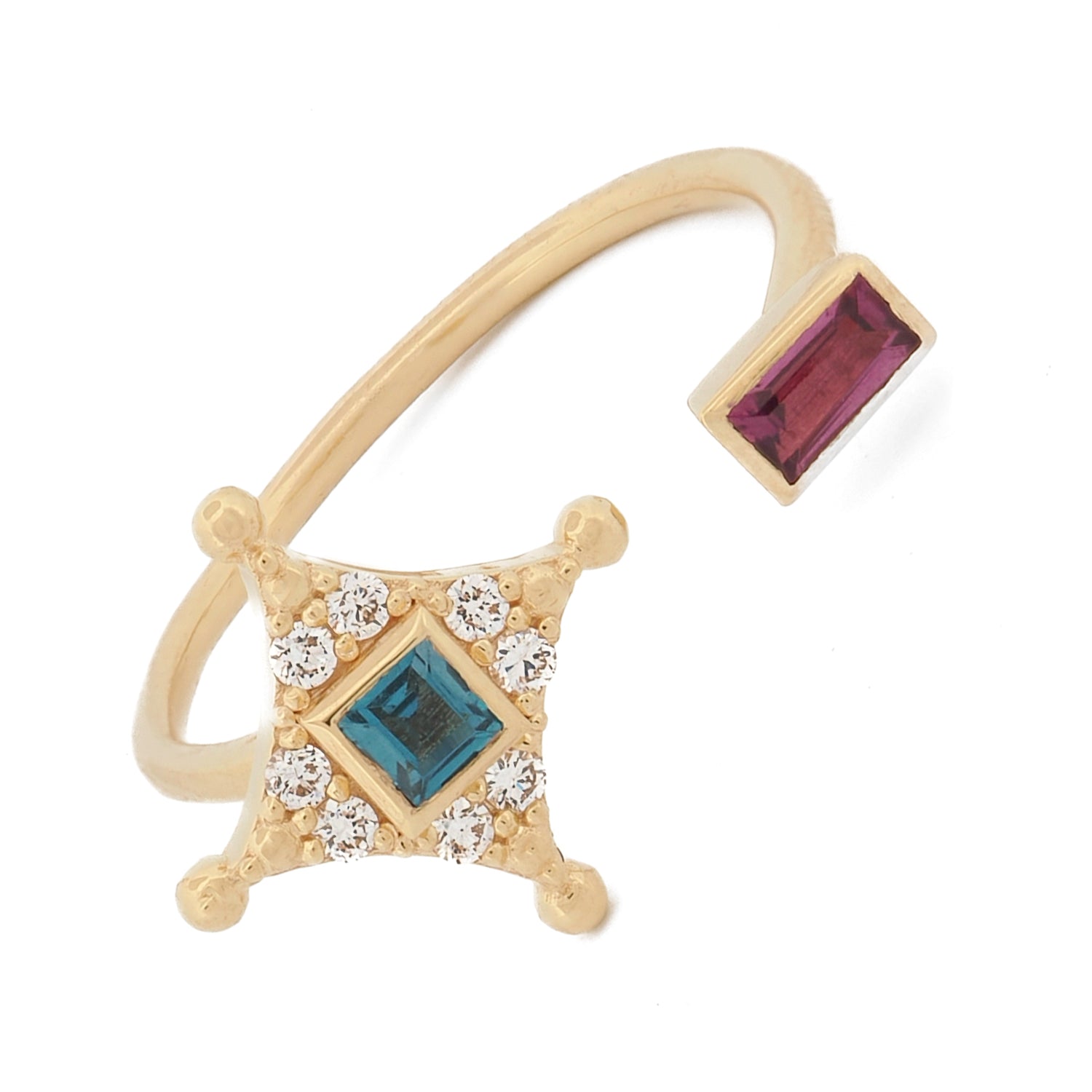 Adjustable gold ring with pink sapphire and diamond-accented star design