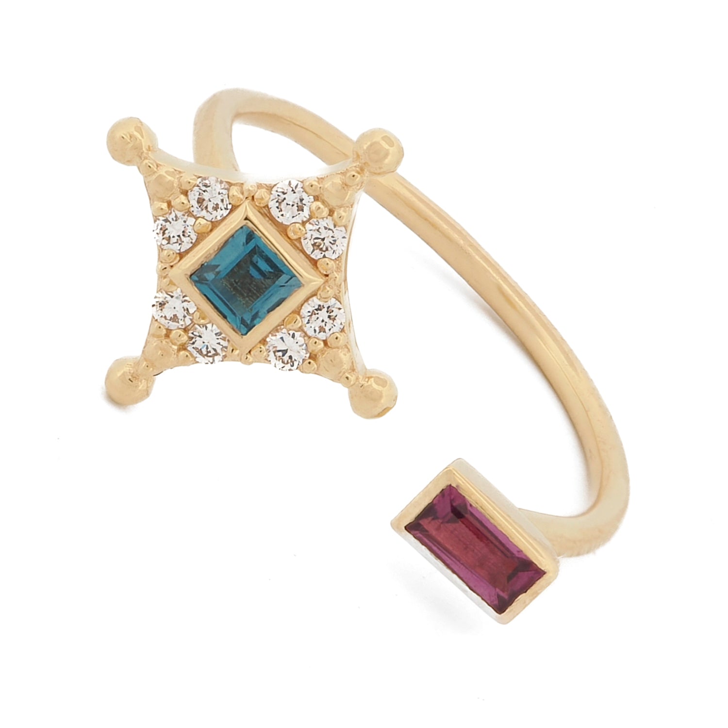 Close-up of celestial star gold ring with sapphires and diamonds