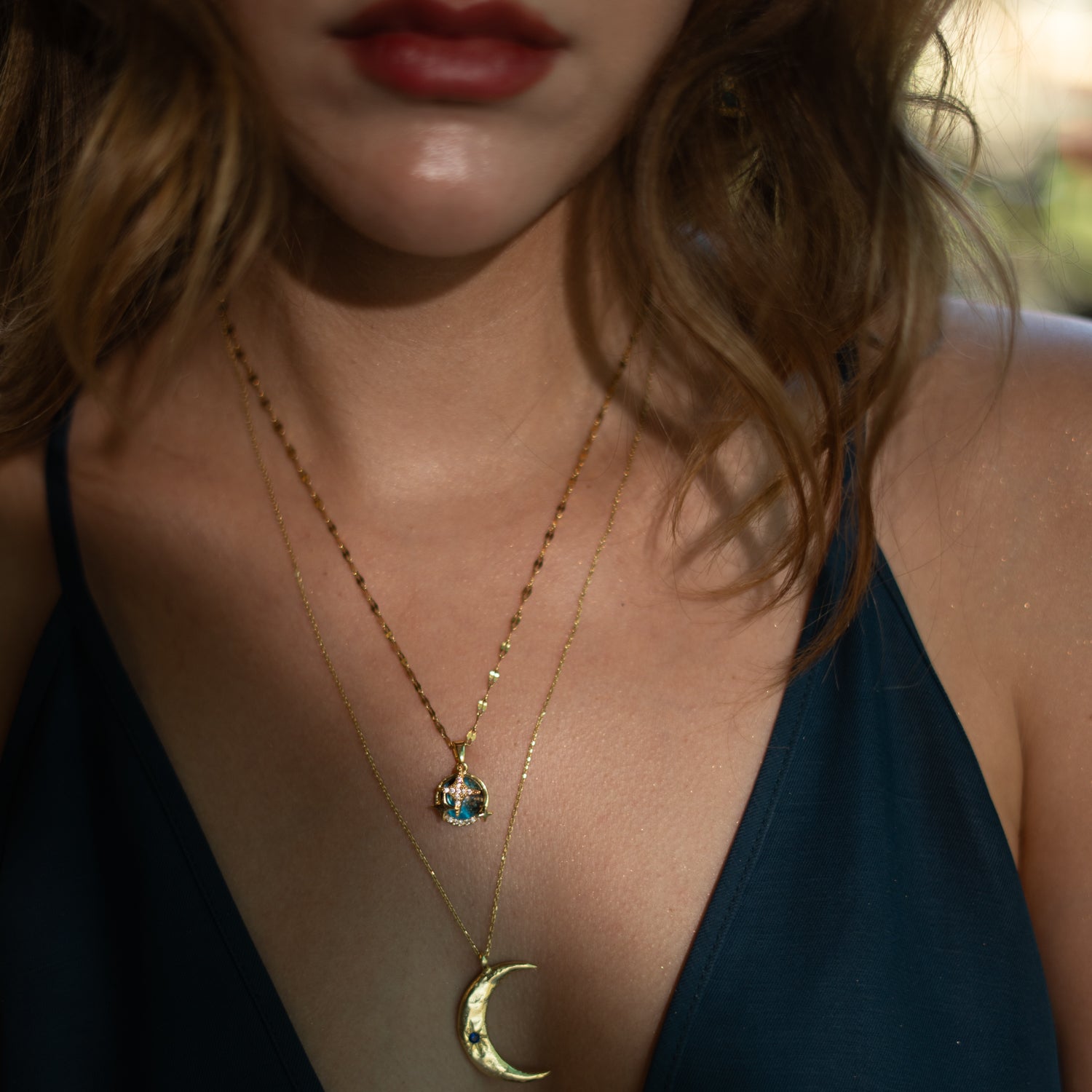 Celestial Moon & Sun Sapphire Gold Necklace