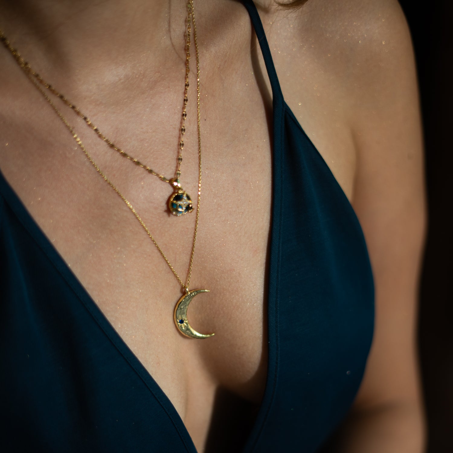 Celestial Moon & Sun Sapphire Gold Necklace