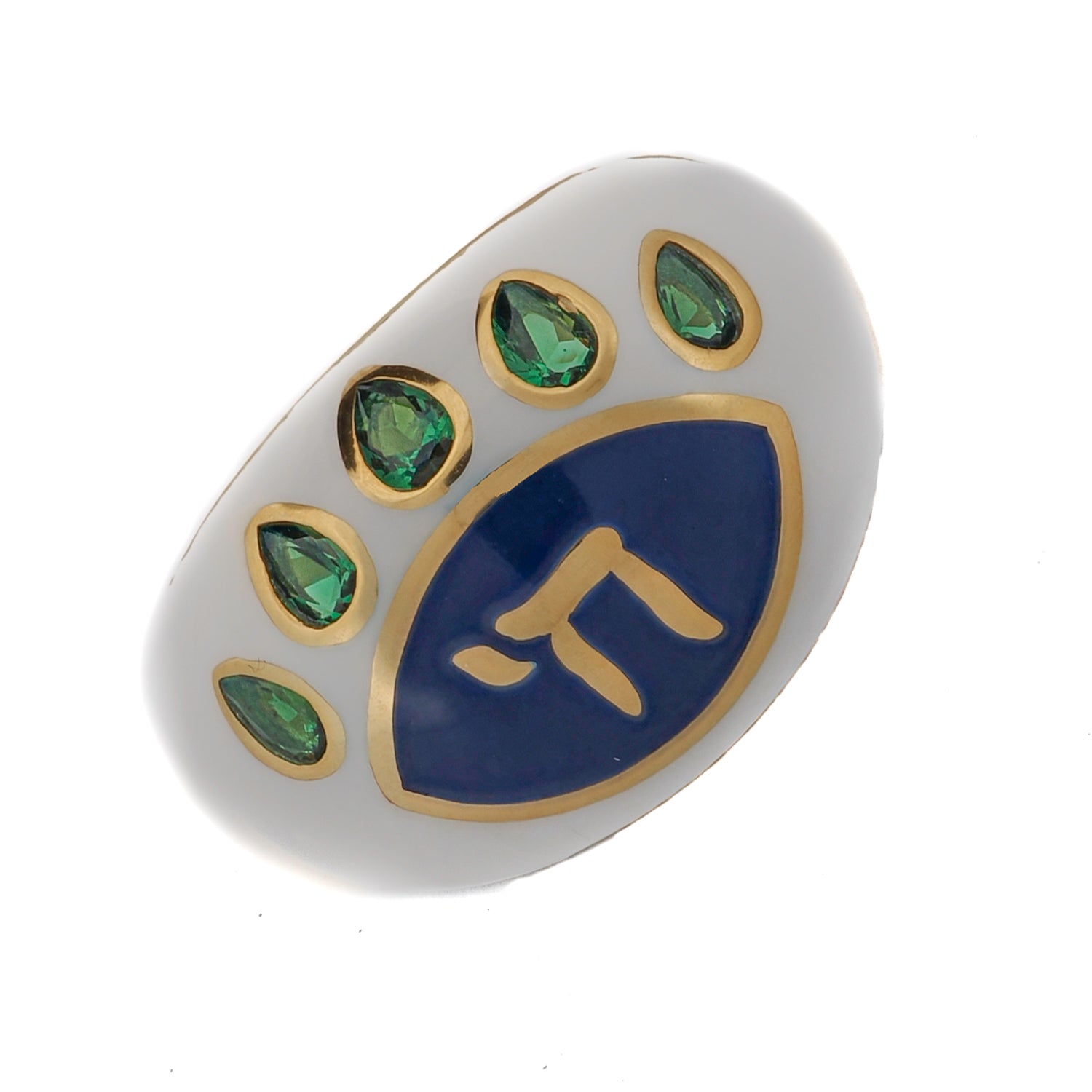 Close-up of a blue enamel ring with 18K gold-plated sterling silver band and detailed emerald stone embellishments.