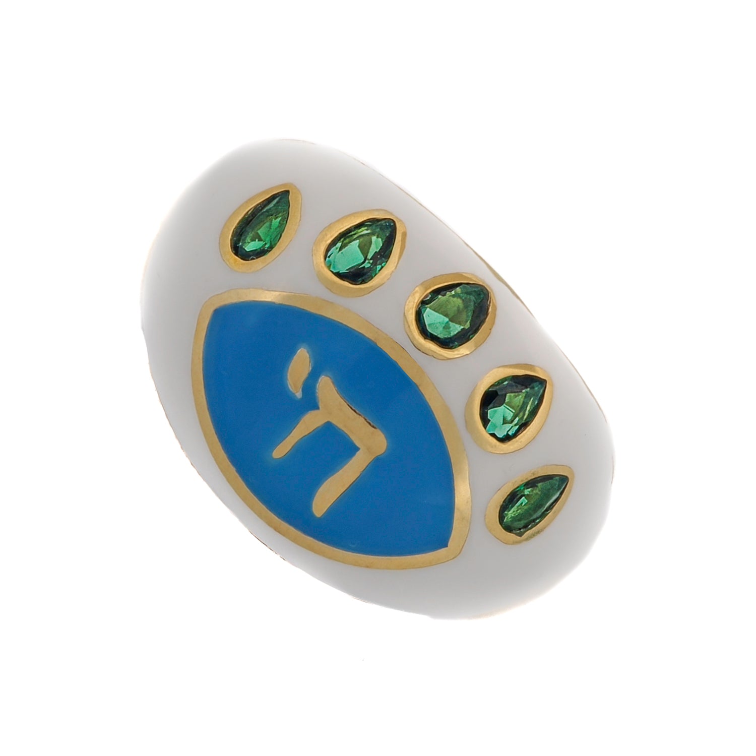 Modern adjustable ring with a spiritual Chai symbol, vibrant emerald stones, and a protective eye motif in white enamel.
