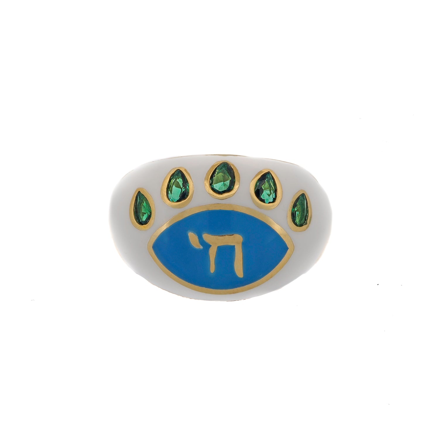 Chai Symbol & Emerald Eye White Enamel Adjustable Ring with 18K gold-plated sterling silver band and emerald accents.