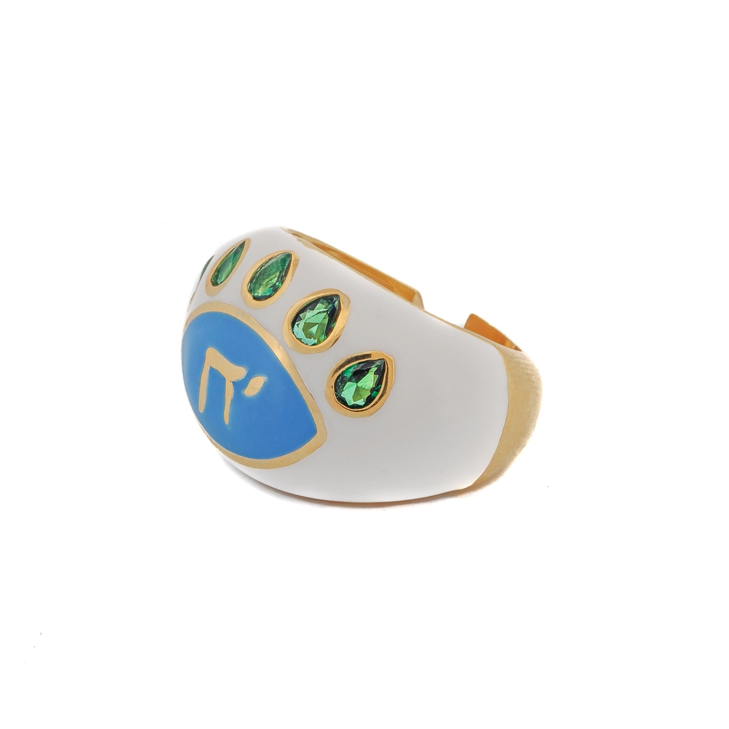 Adjustable 18K gold-plated sterling silver ring with white enamel, emerald-studded eyelashes, and a Chai symbol at the center.