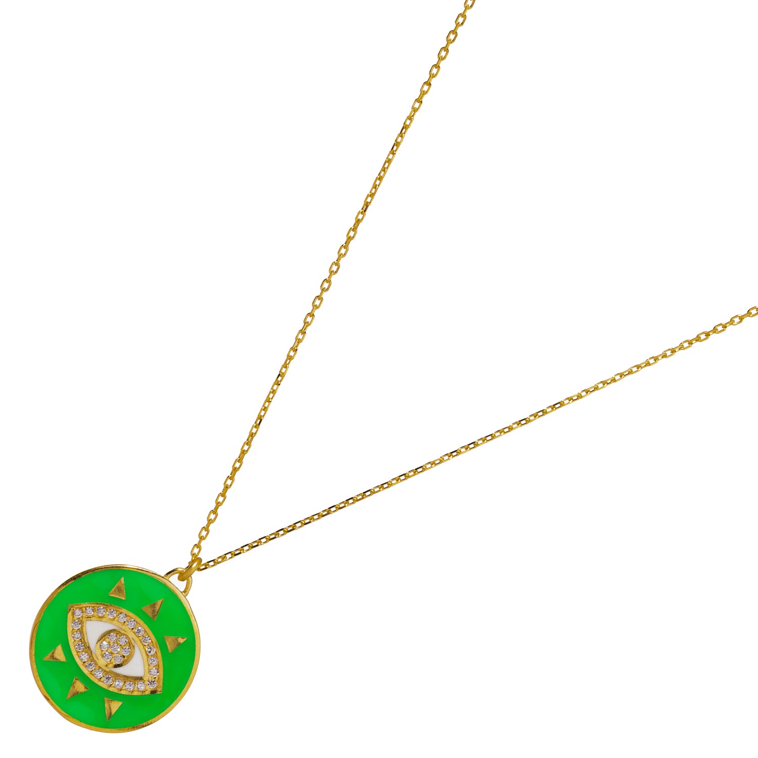 18K Gold-Plated Necklace with Neon Green Evil Eye Pendant and Sparkling Diamonds for a Joyful Fashion Statement