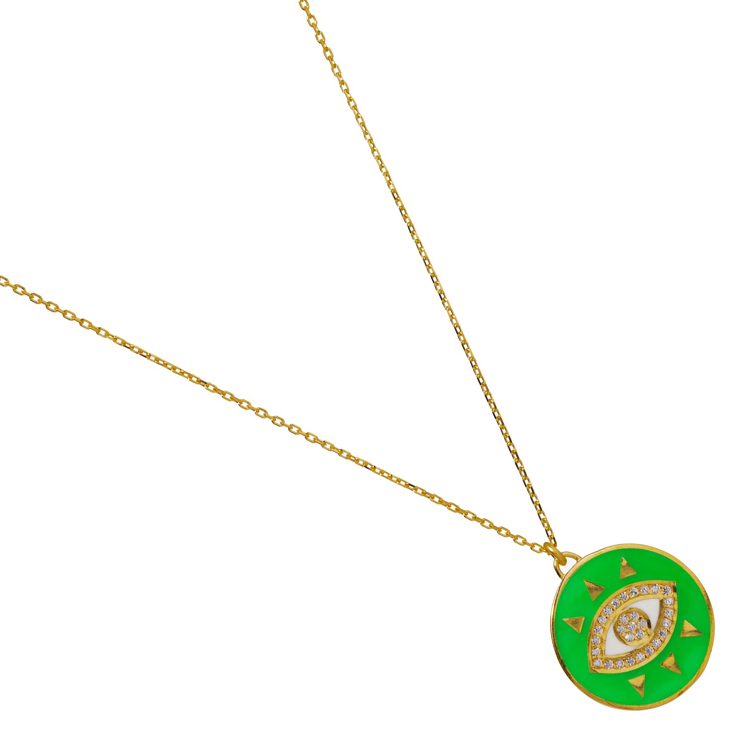 Gold Vermeil Necklace with Evil Eye Pendant and Neon Green Enamel for Spiritual and Stylish Protection