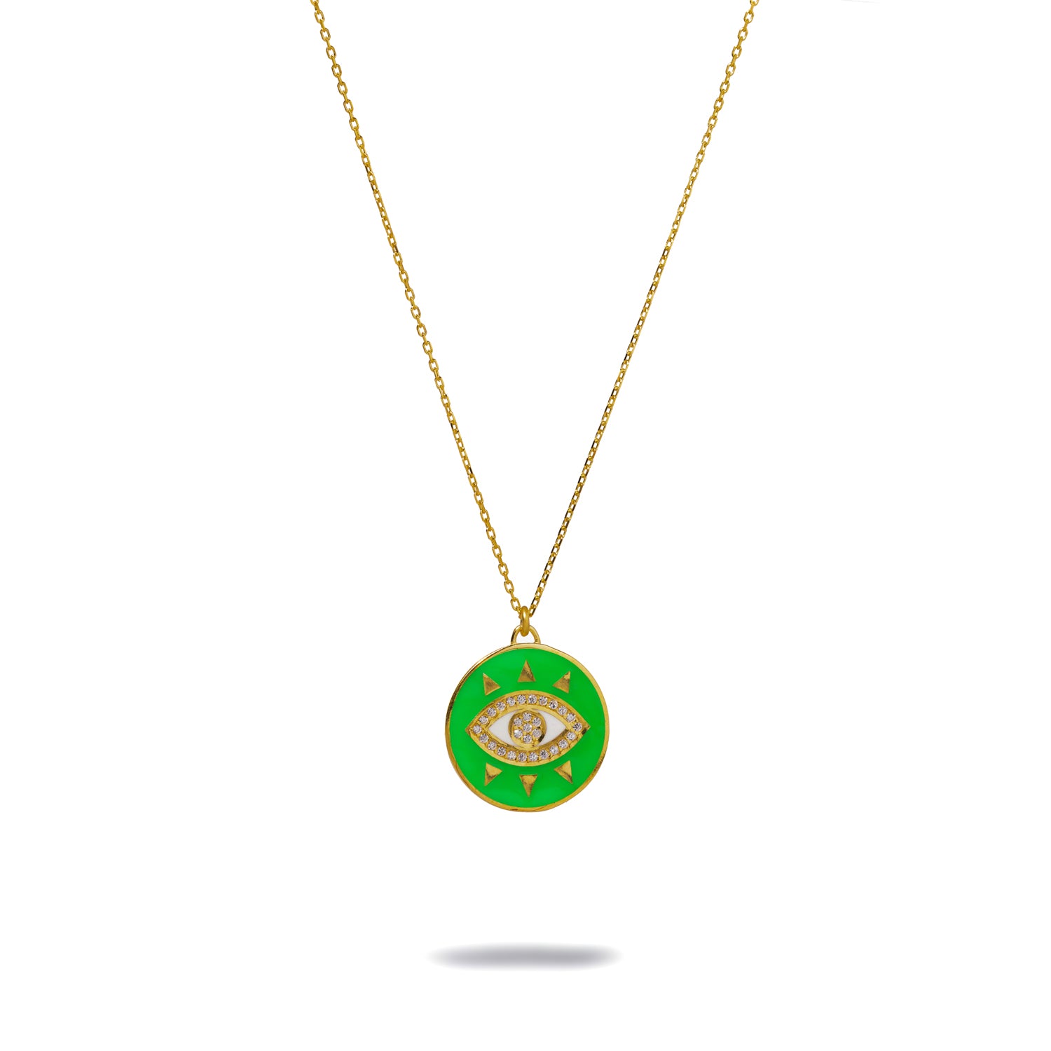 Gold Vermeil Necklace with Neon Green Evil Eye and Diamond Pendant for Good Luck and Style