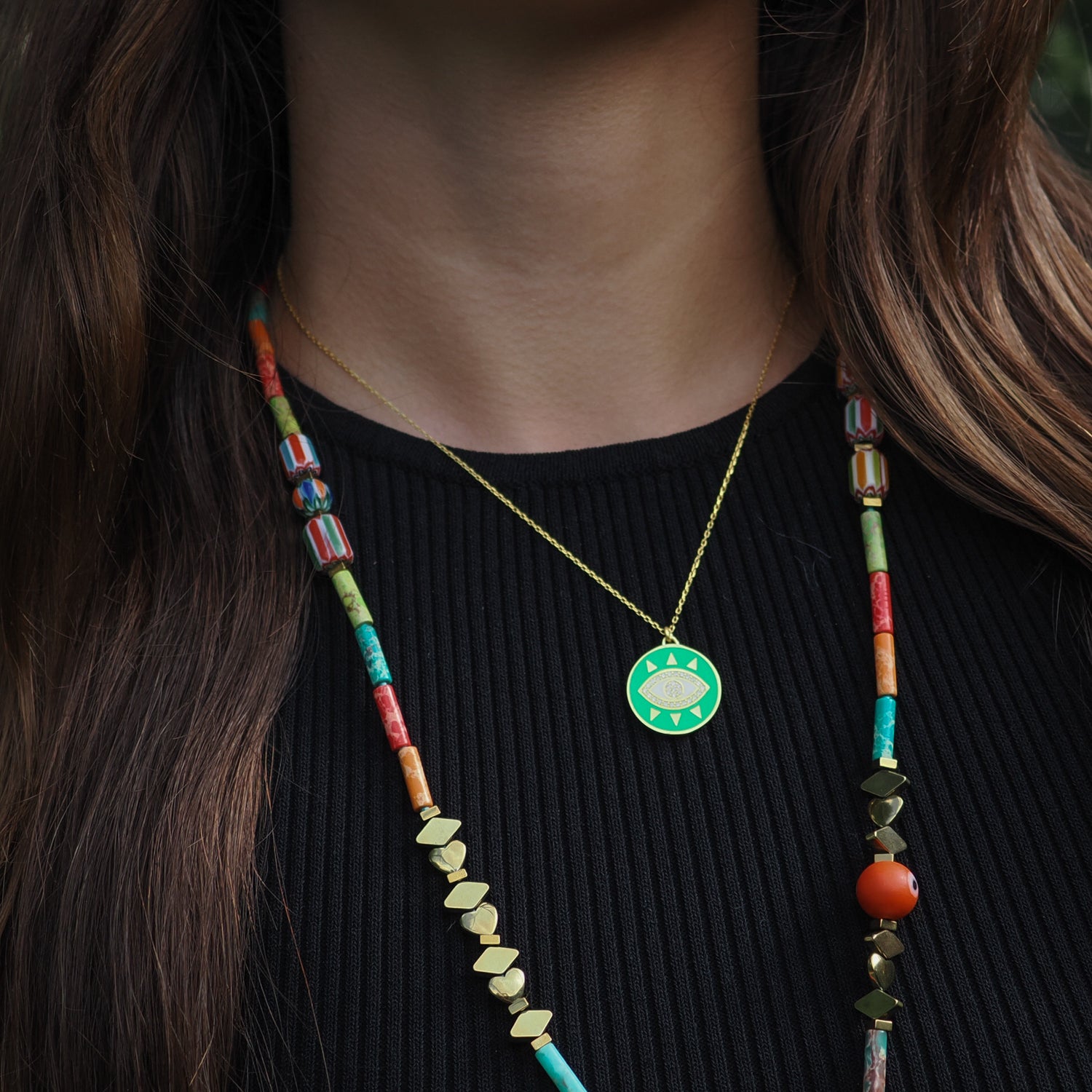 Neon Green Evil Eye Pendant Necklace with Diamonds in 18K Gold for Protection and Luxury