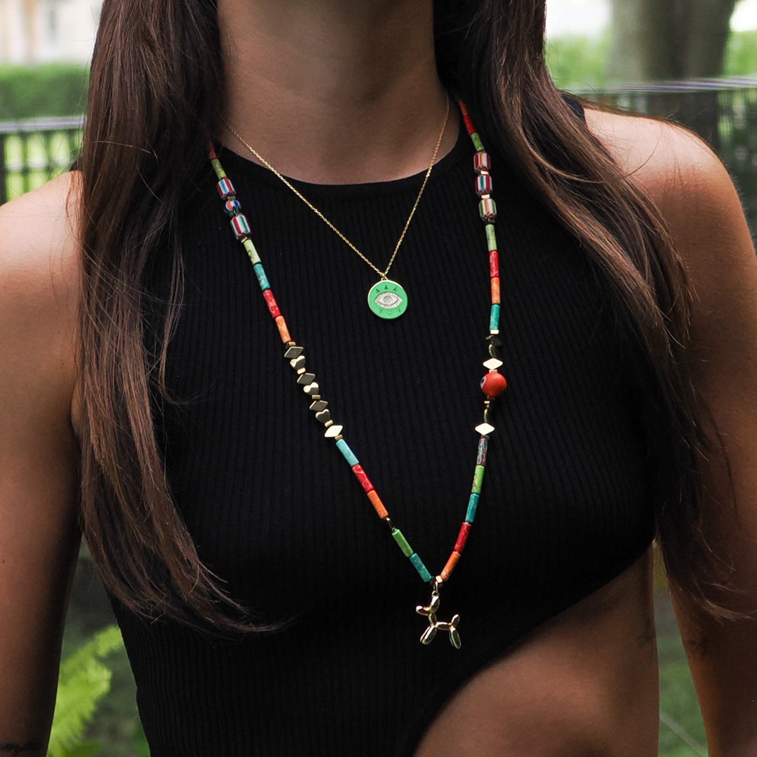 Handmade 18K Gold Necklace with Evil Eye Pendant and Neon Green Enamel for a Spiritual, Chic Look