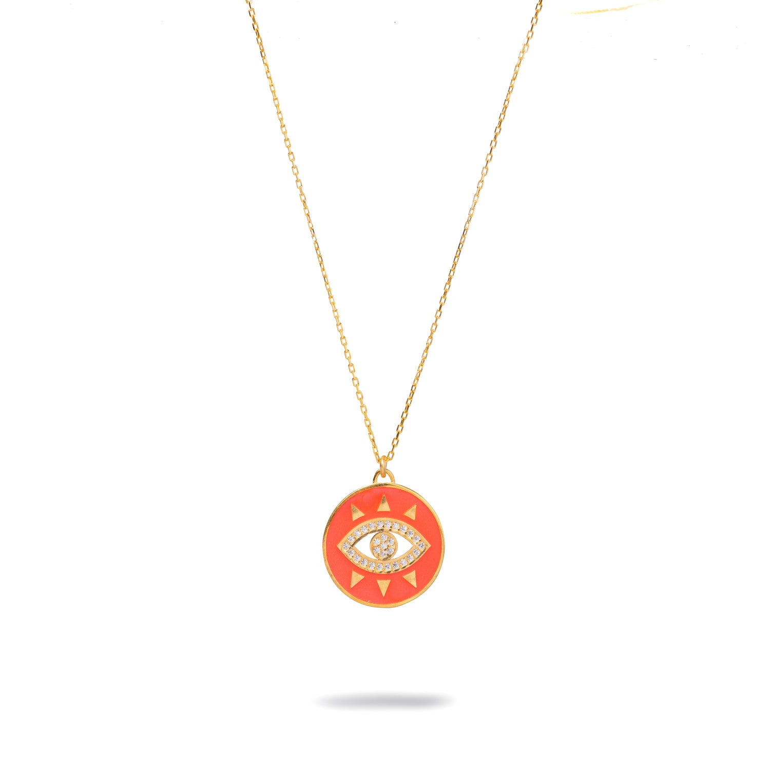 Gold Vermeil Necklace with Neon Pink Evil Eye and Diamond Pendant for Luck and Sophisticated Style