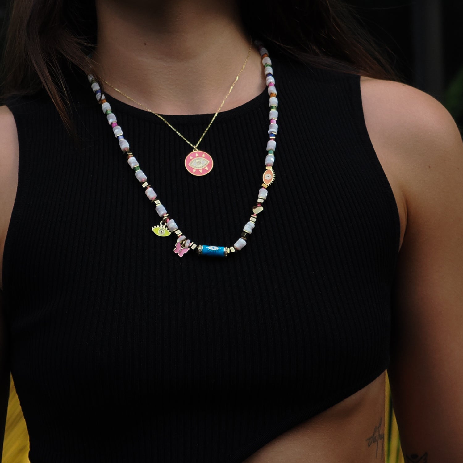 Neon Pink Evil Eye Pendant Necklace with Diamonds in 18K Gold for Protection and Luxury