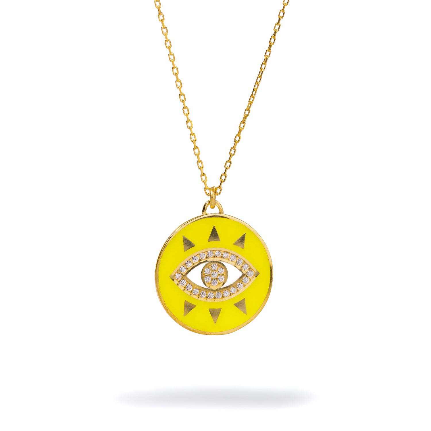 Neon Yellow Evil Eye Pendant Necklace with Diamonds in 18K Gold for Protection and Luxury