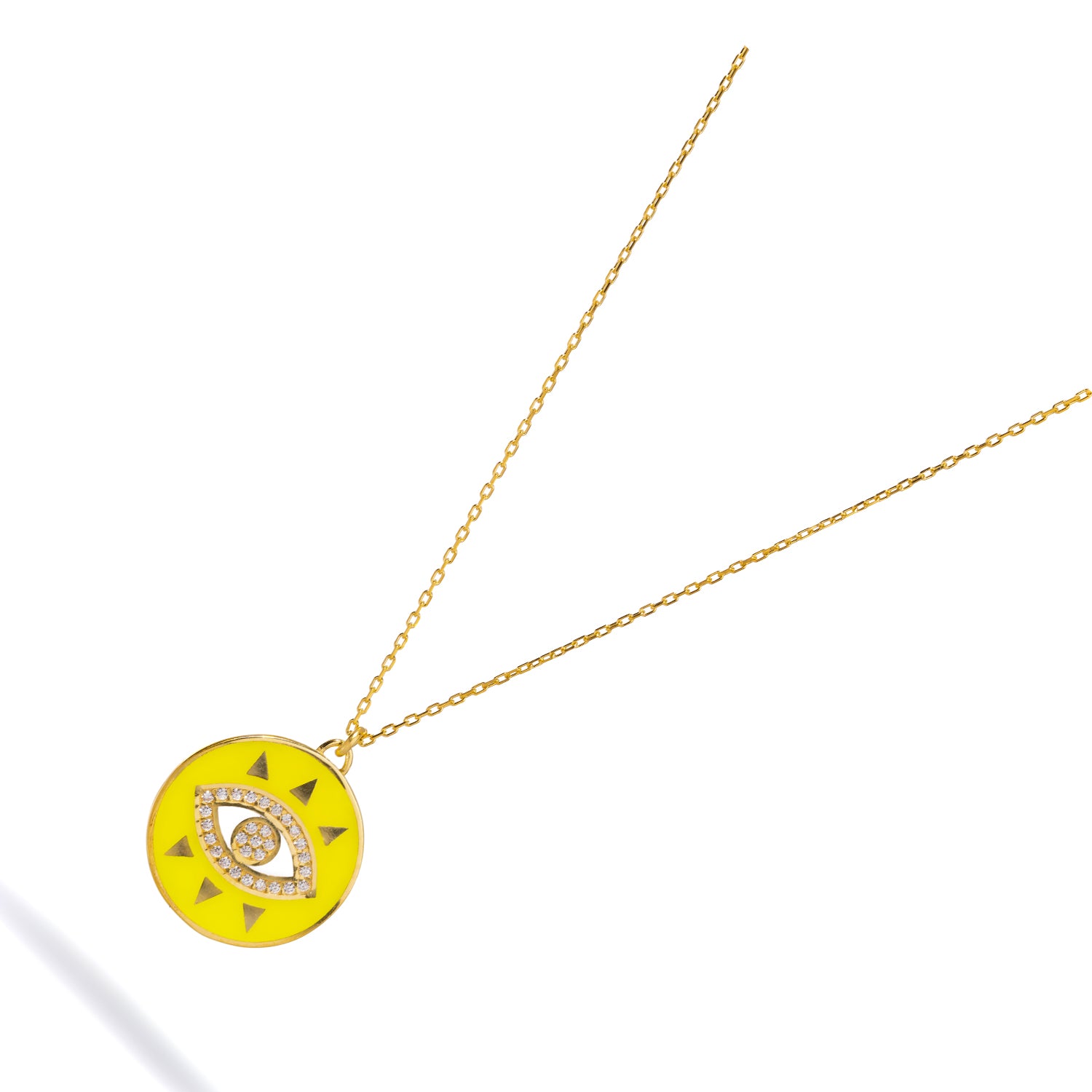 Gold Vermeil Necklace with Evil Eye Pendant and Neon Yellow Enamel for Luck and Elegant Protection
