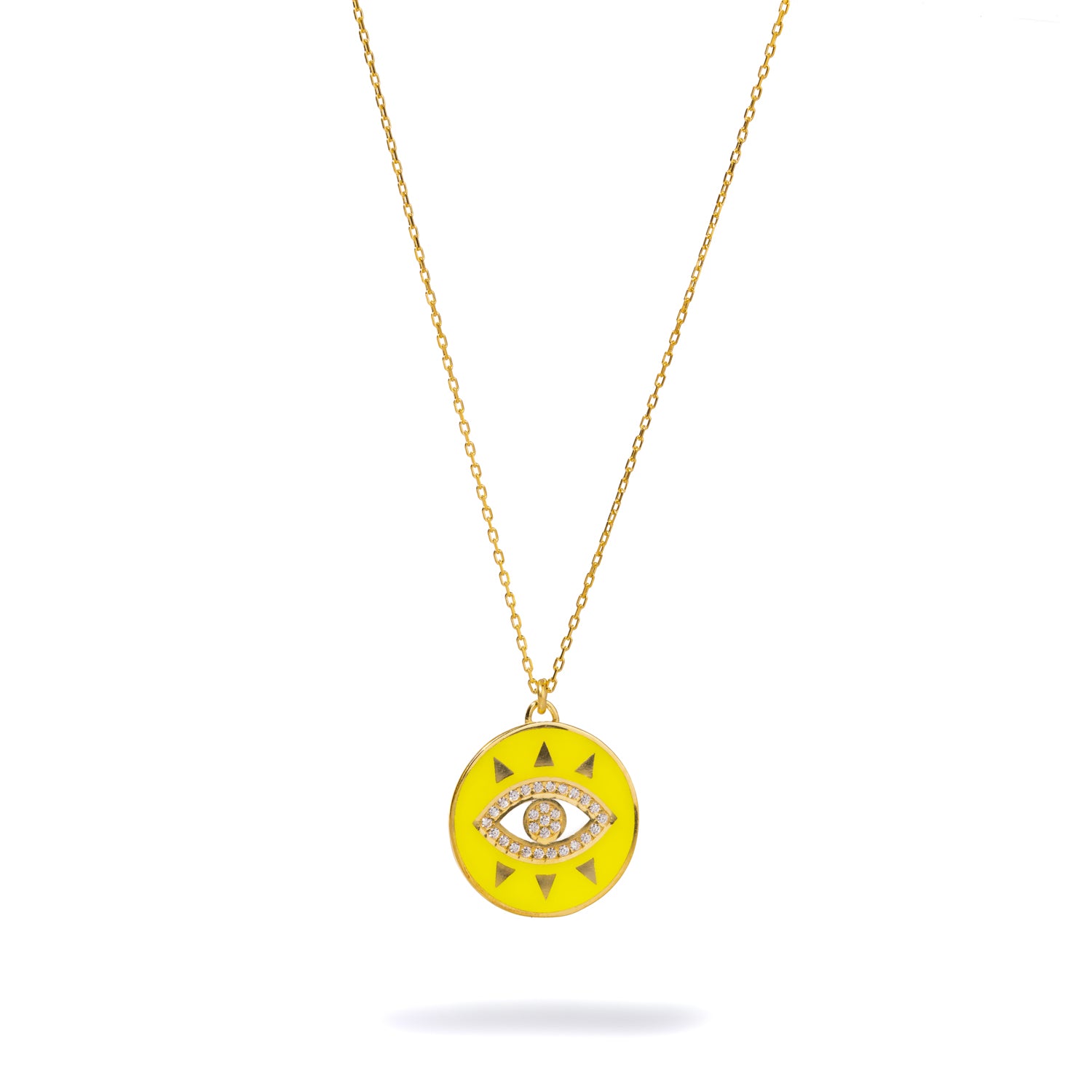 Handmade 18K Gold Necklace with Evil Eye Pendant and Neon Yellow Enamel for a Chic, Spiritual Look