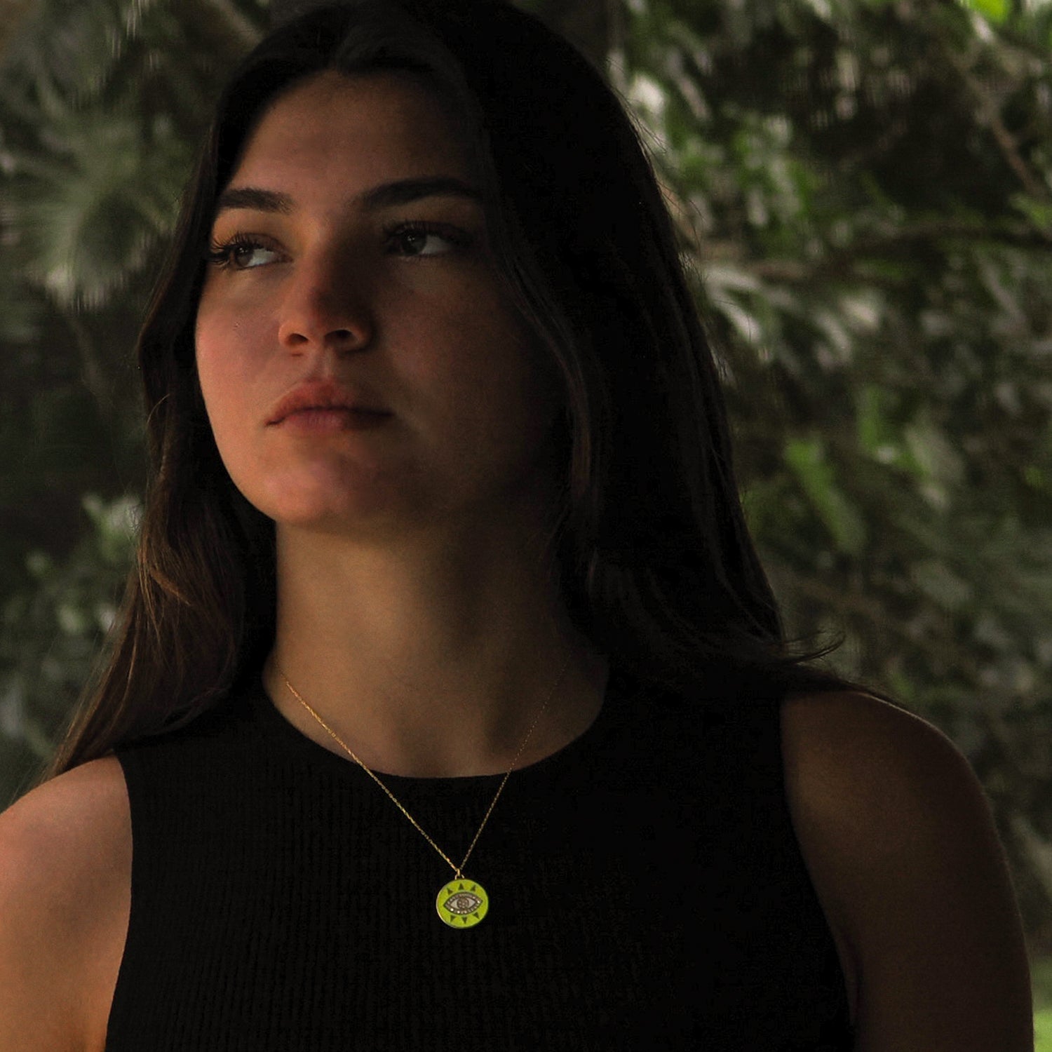 18K Gold-Plated Necklace with Neon Yellow Evil Eye Pendant and Diamonds for Joy and Spiritual Guidance