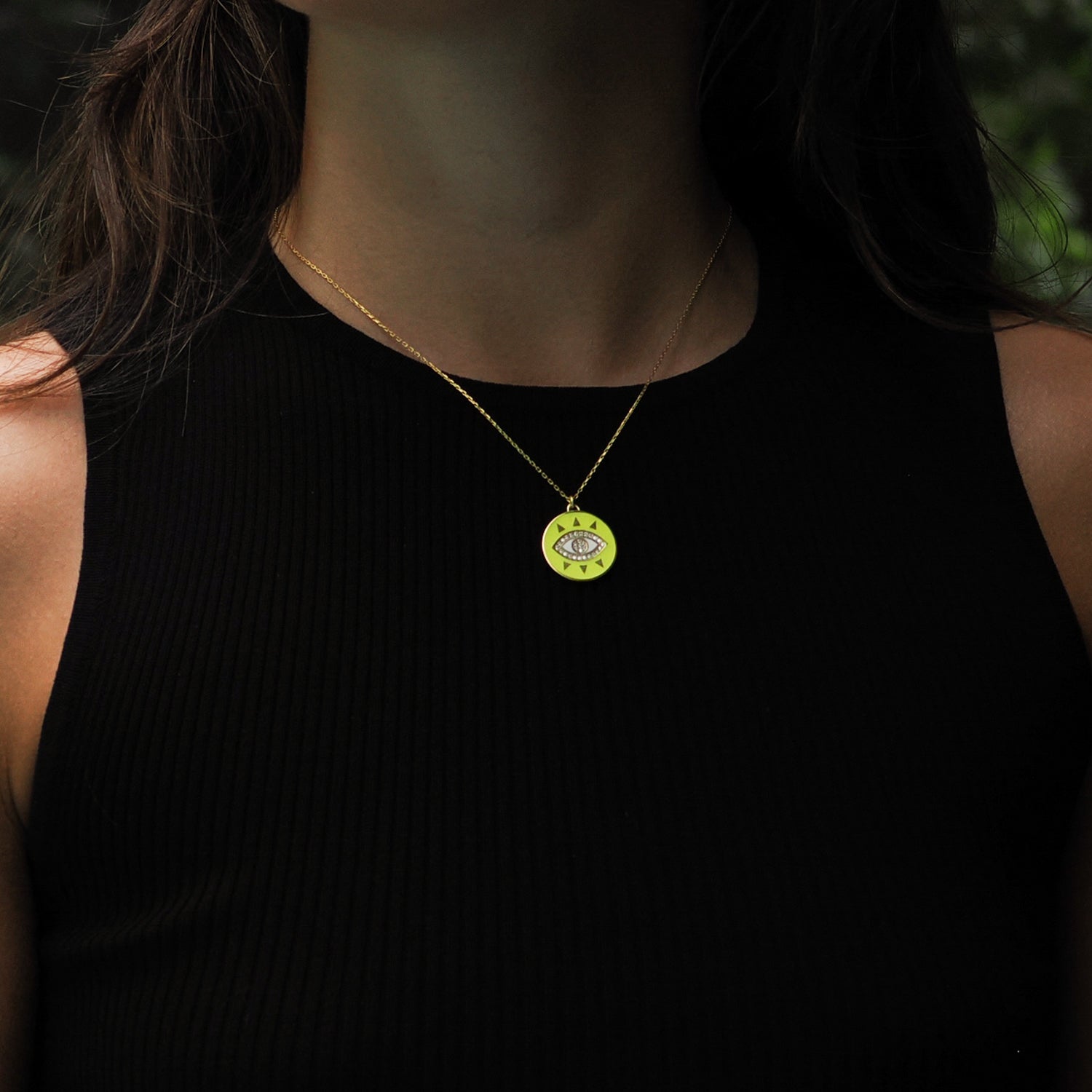 Gold Vermeil Necklace with Neon Yellow Evil Eye and Diamond Pendant for Luck and Sophisticated Style