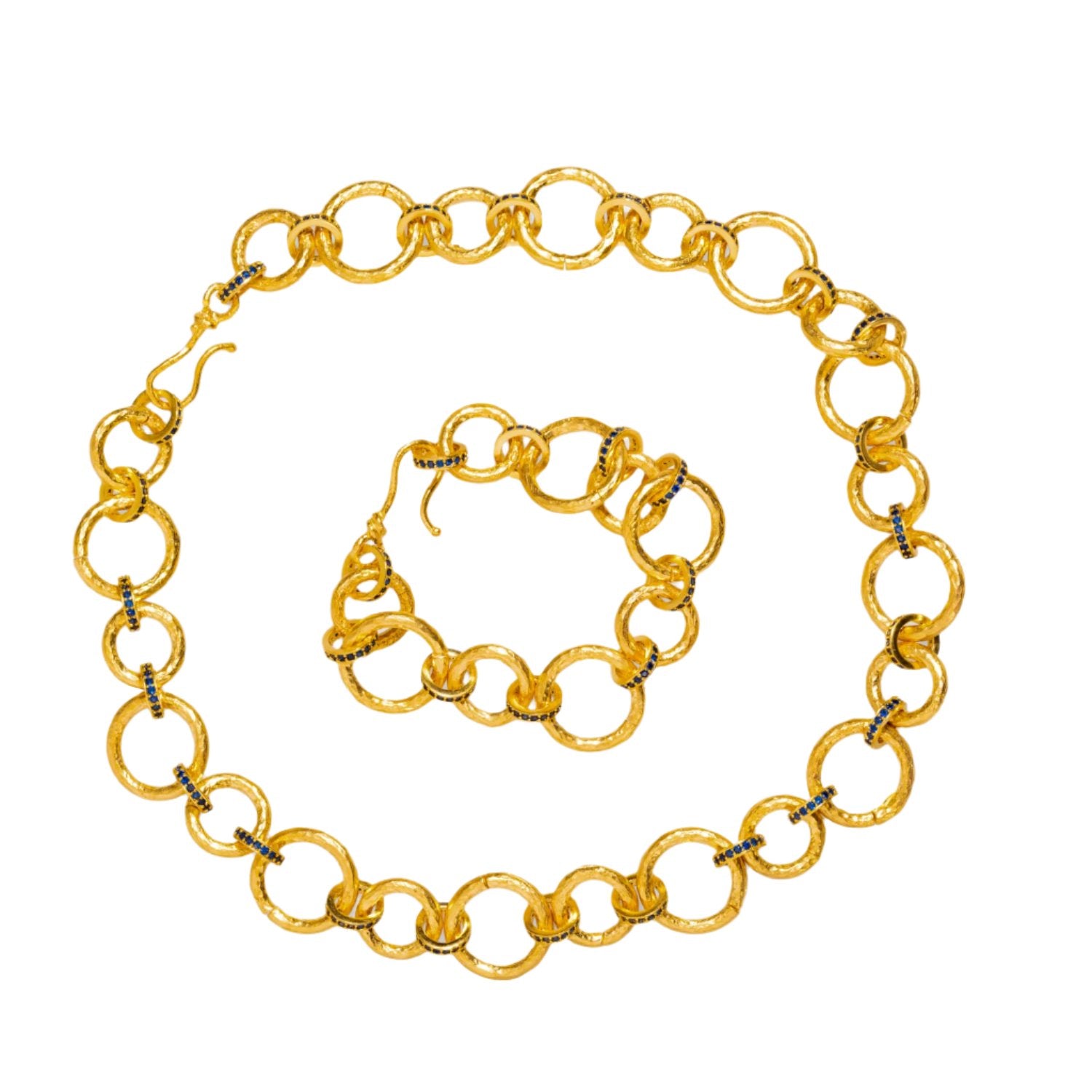 Chunky Link Chain Necklace with Sapphire Stones and Matching Bracelet for a Luxe, Refined Look