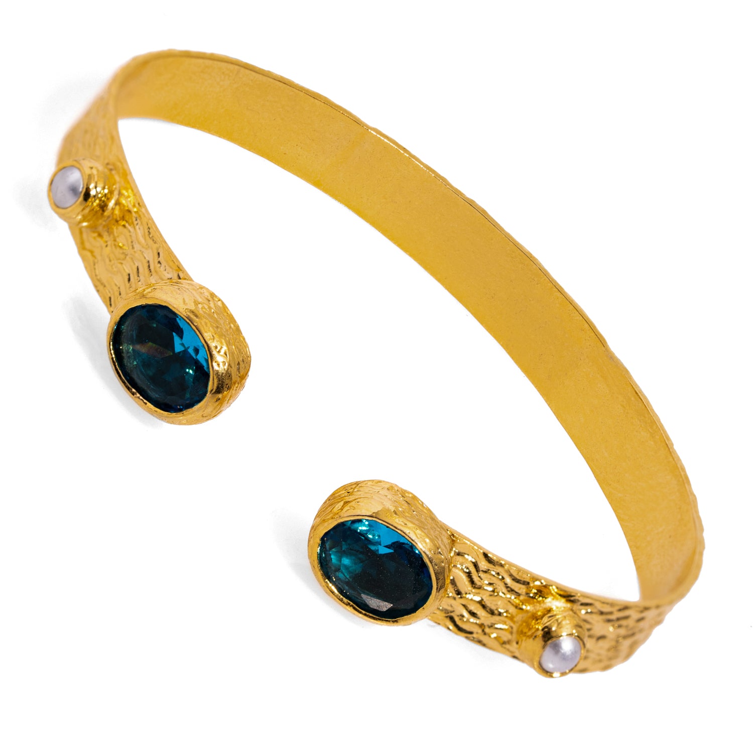 Adjustable 24K Gold Cuff Bracelet with Blue Topaz Stones and Pearl Accents for Royal Flair