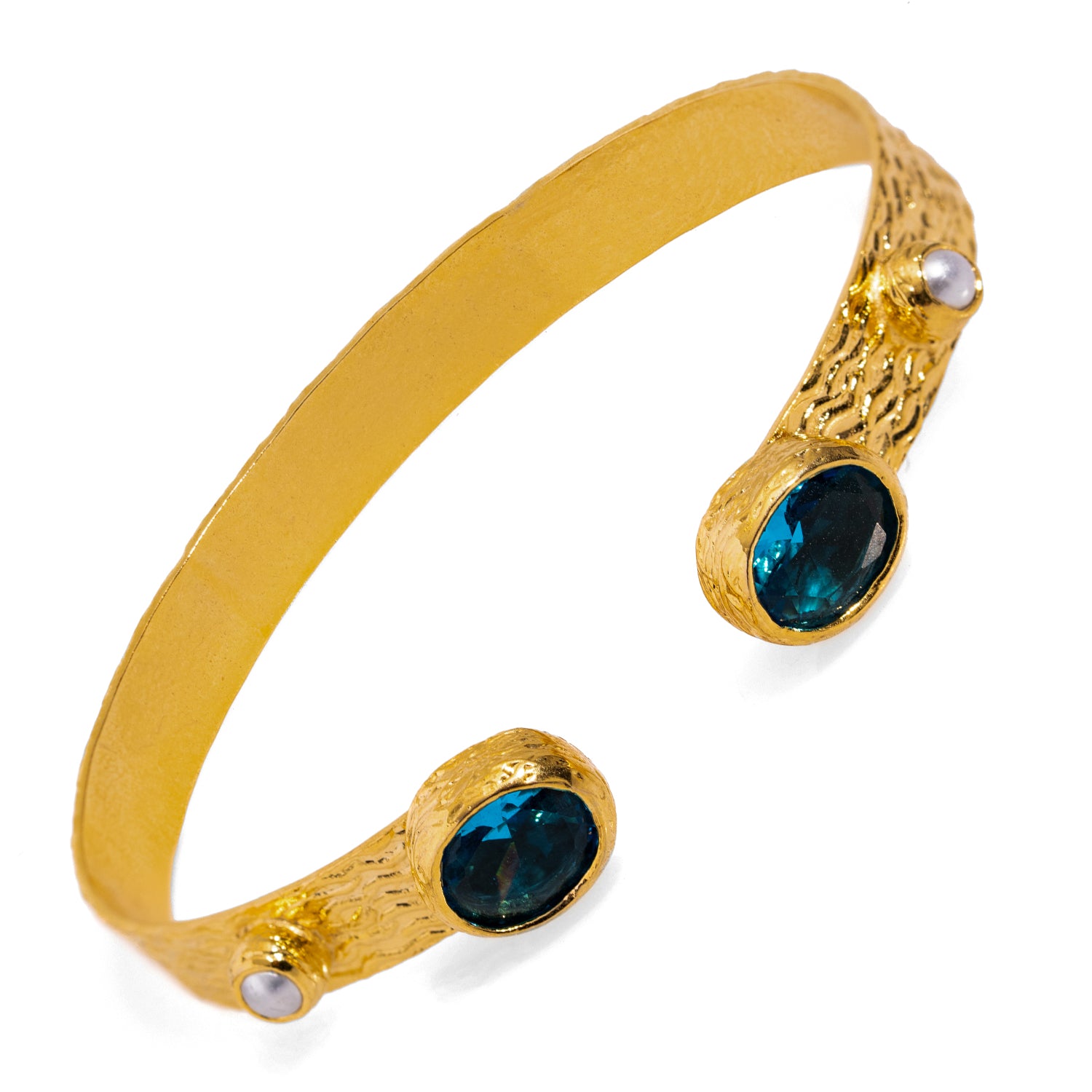 Blue Topaz and Pearl Gold Cuff Bracelet for a Sophisticated and Timeless Look