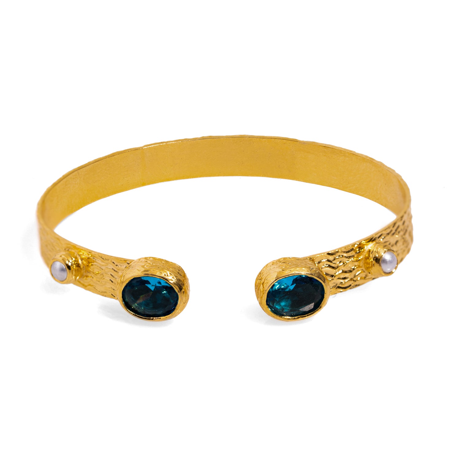 Blue Topaz and Pearl Gold Cuff Bracelet for a Bold, Regal Fashion Statement