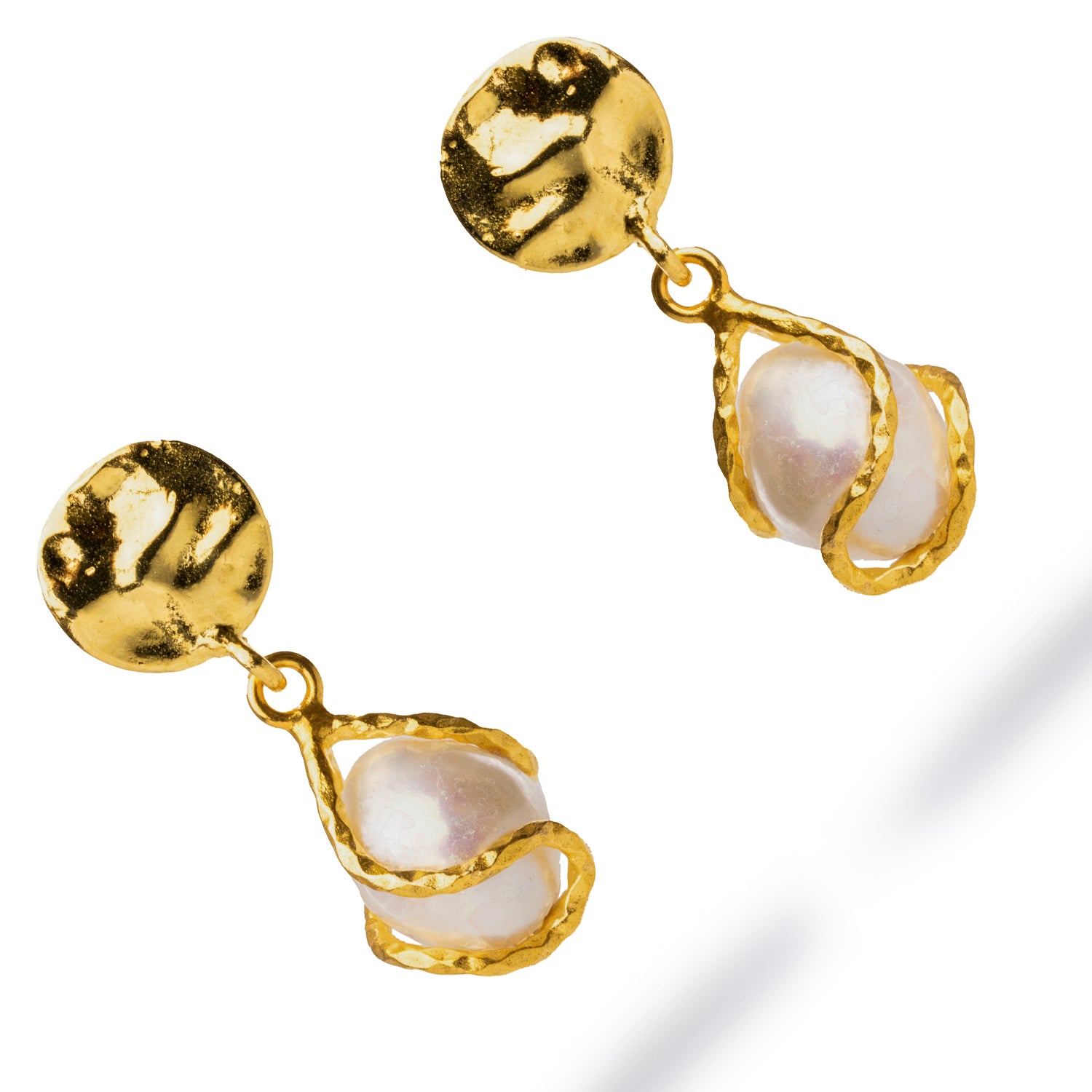Elegant 24k gold-plated stud earrings featuring delicate pearl drops wrapped in golden vine details, handmade in the USA.