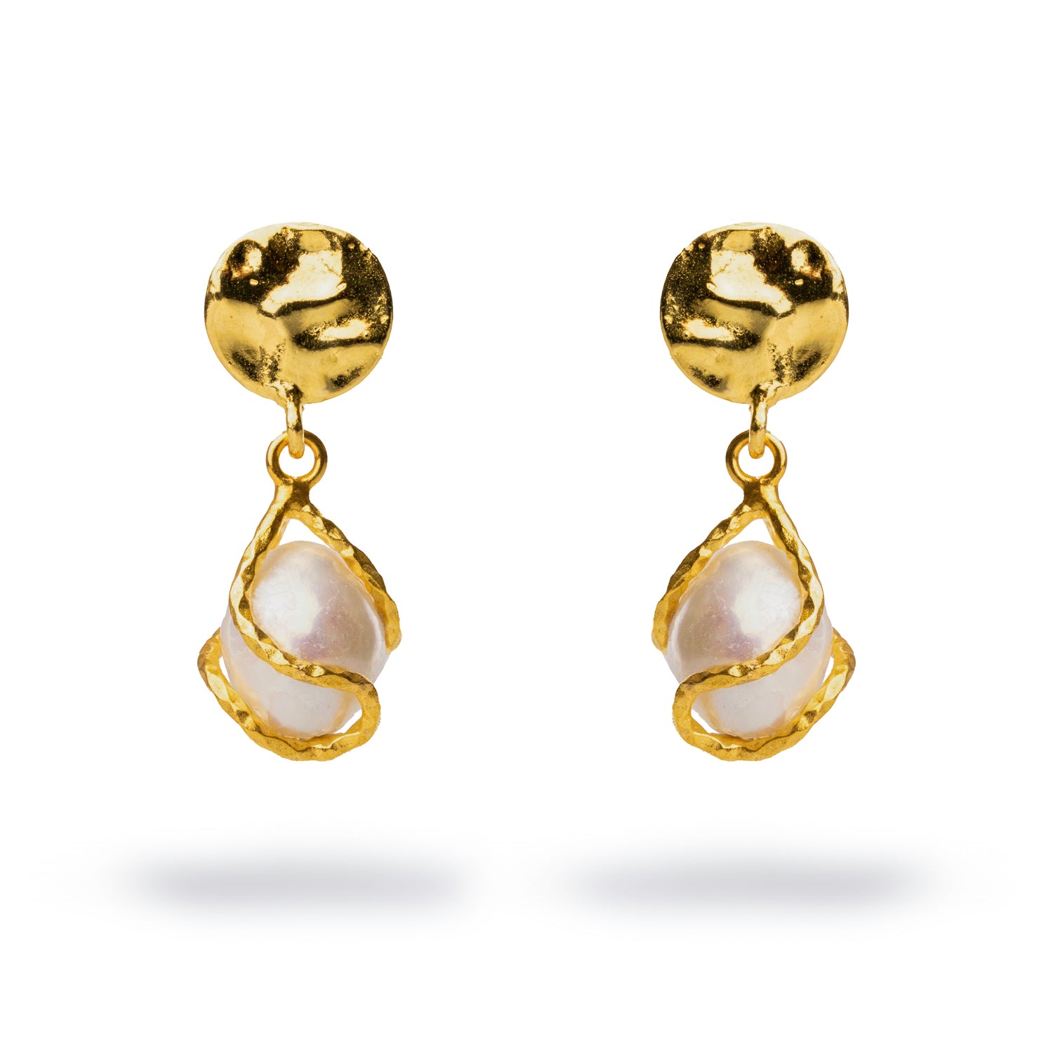 Cleopatra-inspired statement earrings featuring 24k gold-plated crinkle studs with delicate pearl drops wrapped in golden vines.