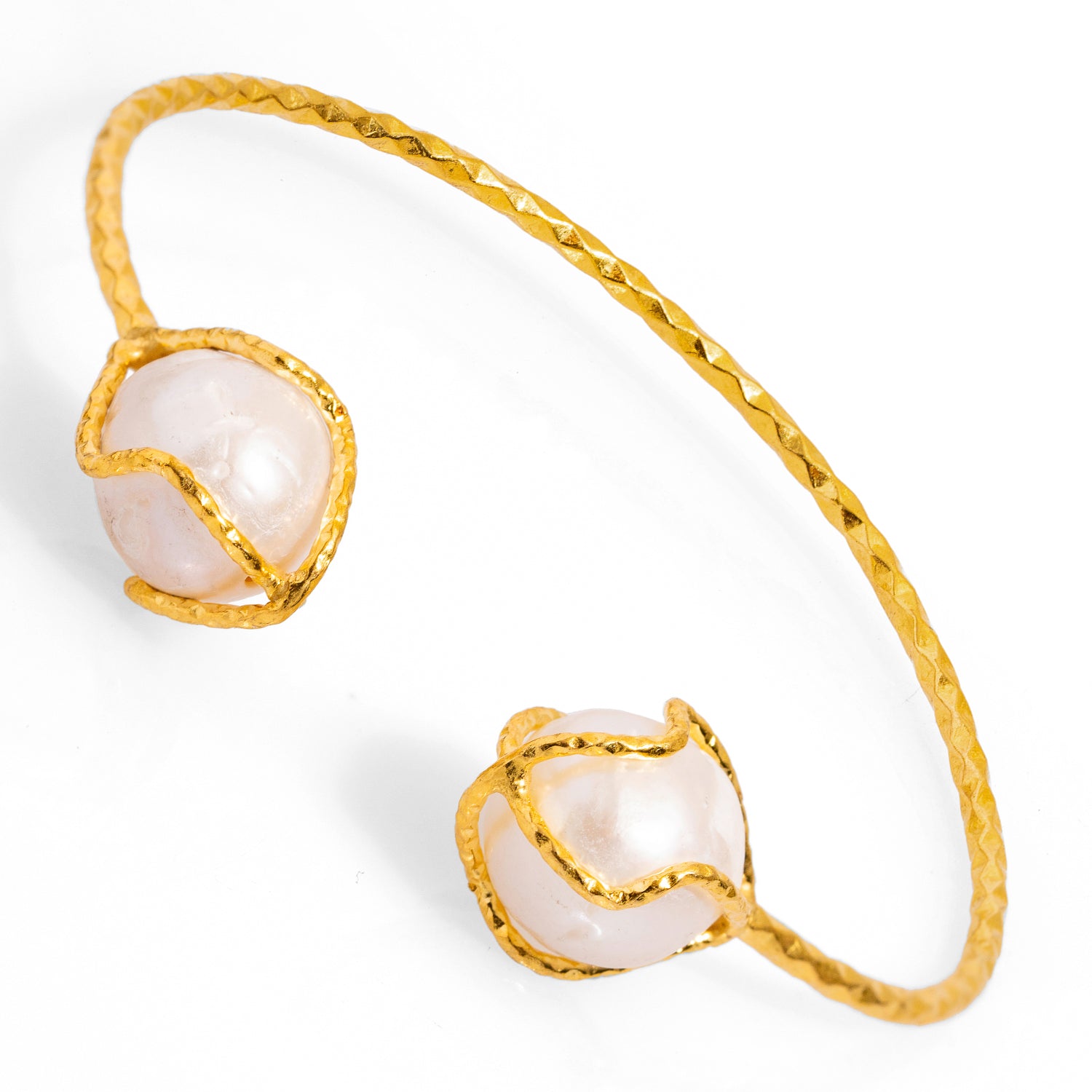 Gold-Plated Cuff Bracelet with Two Pearl Stones and Intricate Gold Wire for a Sophisticated Look