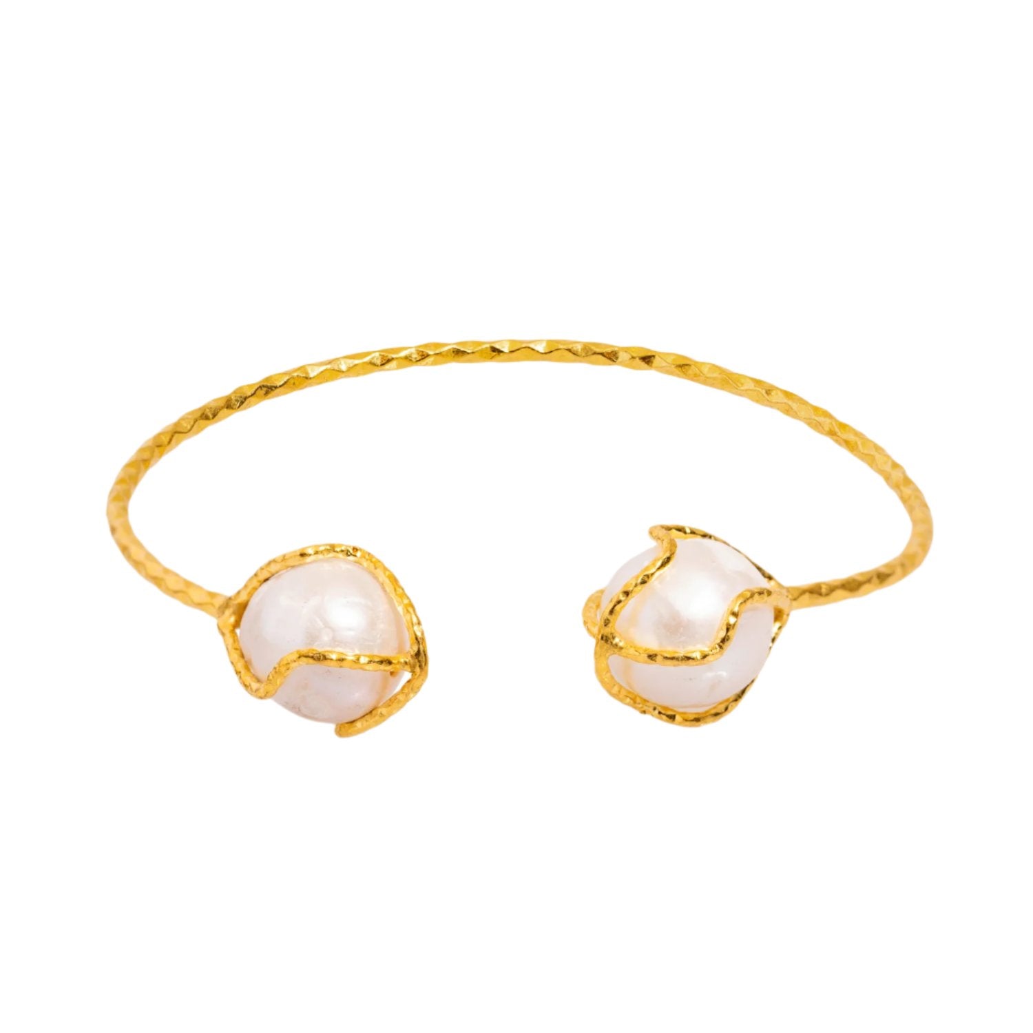 24K Gold-Plated Cleopatra Cuff Bracelet with Two Pearl Stones for Timeless Elegance