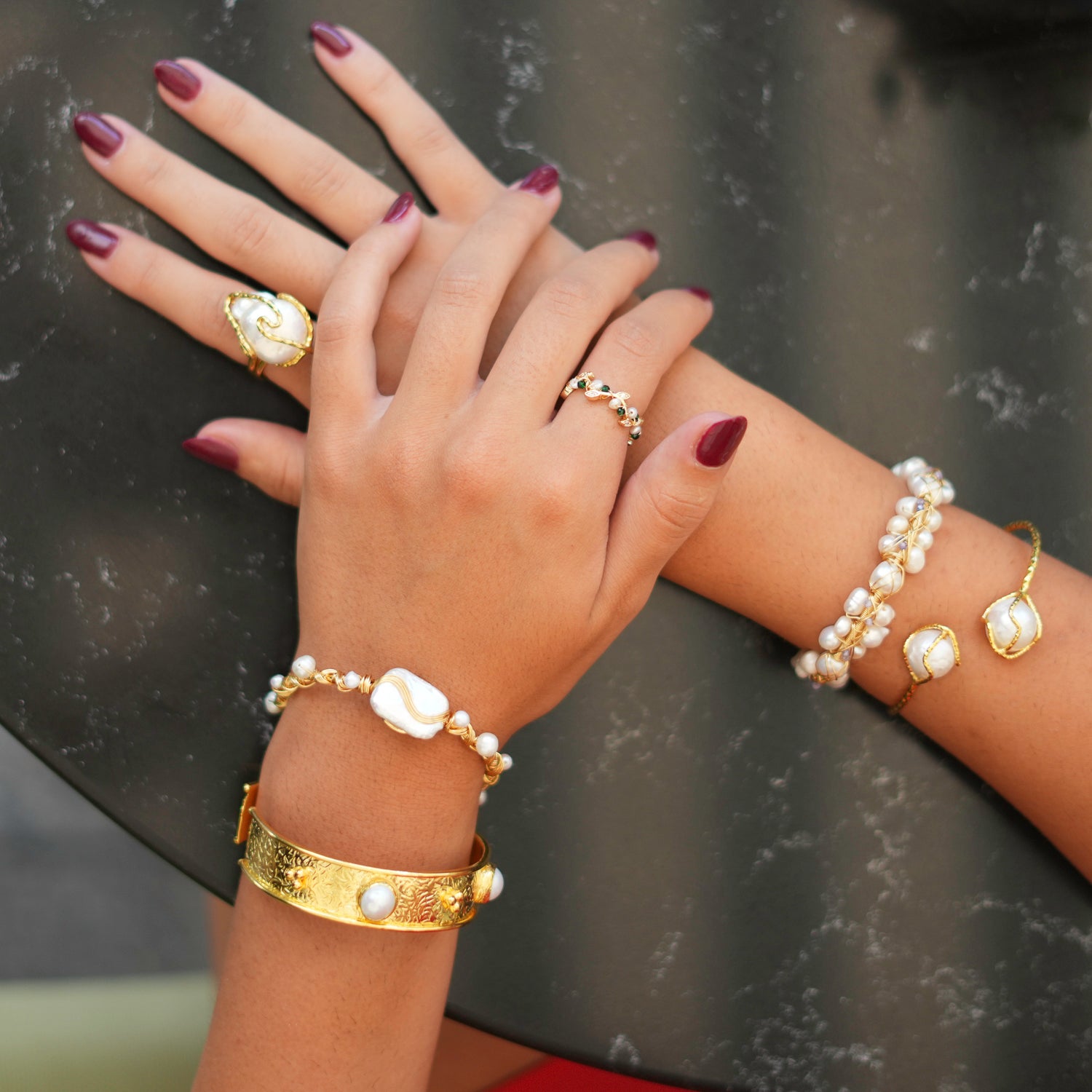 Gold Cuff Bracelet with Two Pearls and Intricate Gold Wire Design for Refined Style