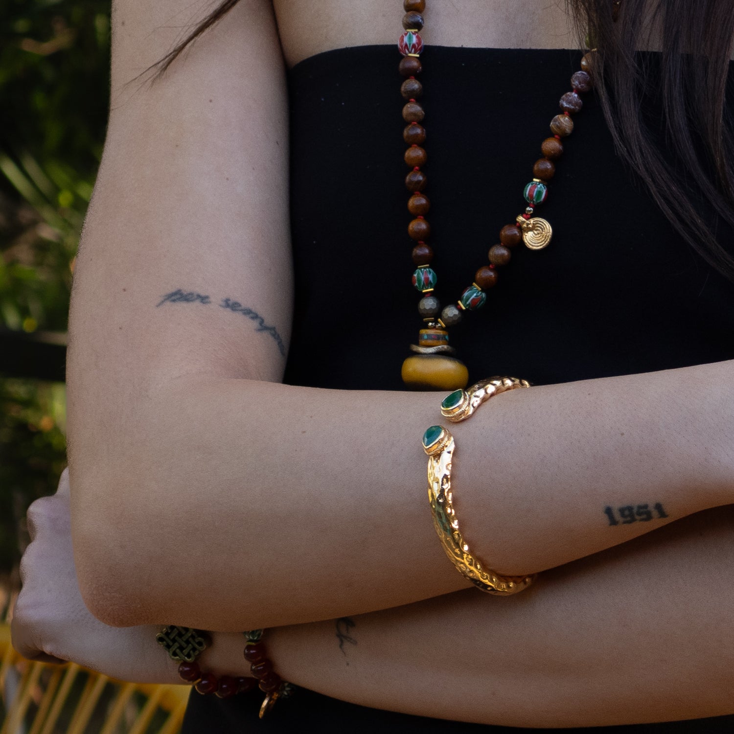 Cleopatra Emerald Stone & Gold Cuff Chunky Bracelet