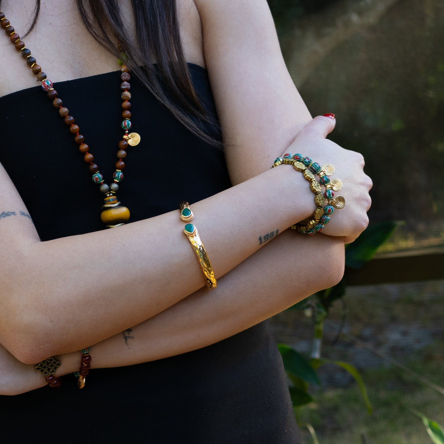 Cleopatra Emerald Stone & Gold Cuff Chunky Bracelet